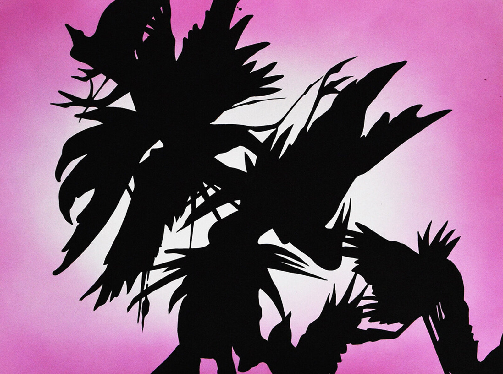 A bold black silhouette of a figure in motion against a vibrant pink background.