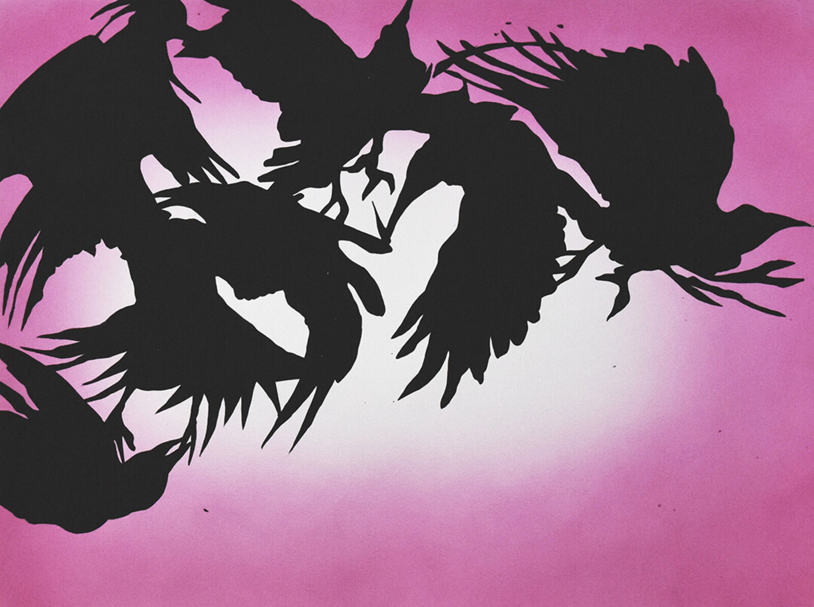A graphic print of black bird silhouettes in flight against a pink and white gradient background.