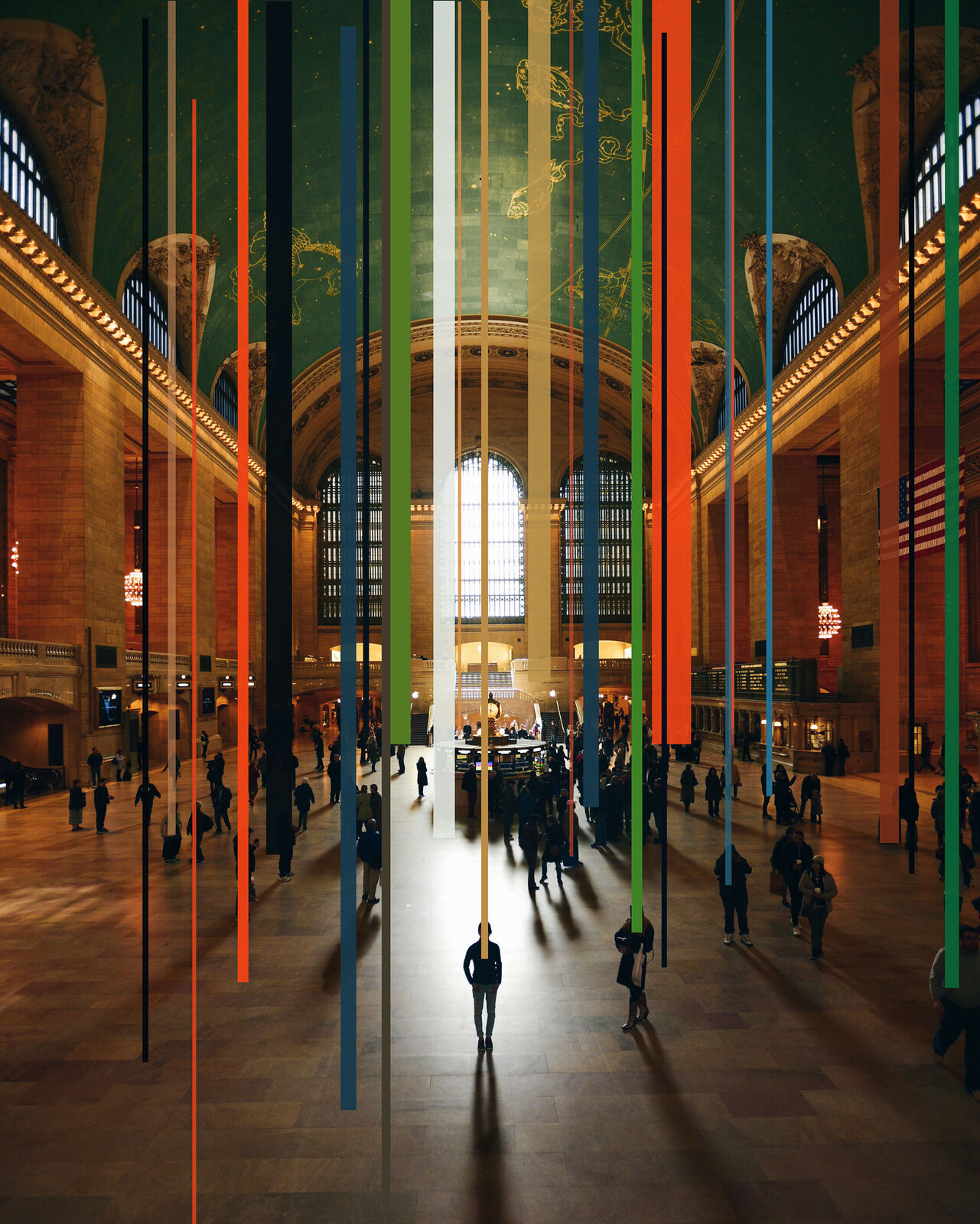 A high-angle view of a grand hall filled with people, overlaid with vertical colored bars.