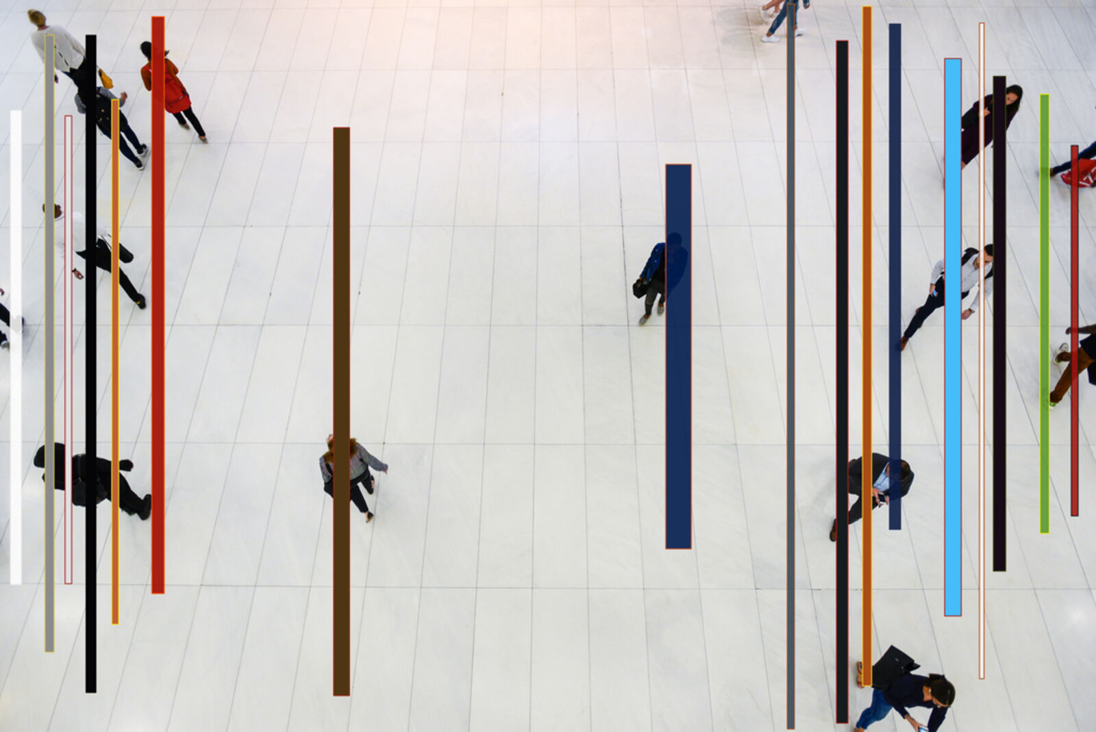 An overhead view of a tiled floor with people walking, overlaid by vertical colored bars.