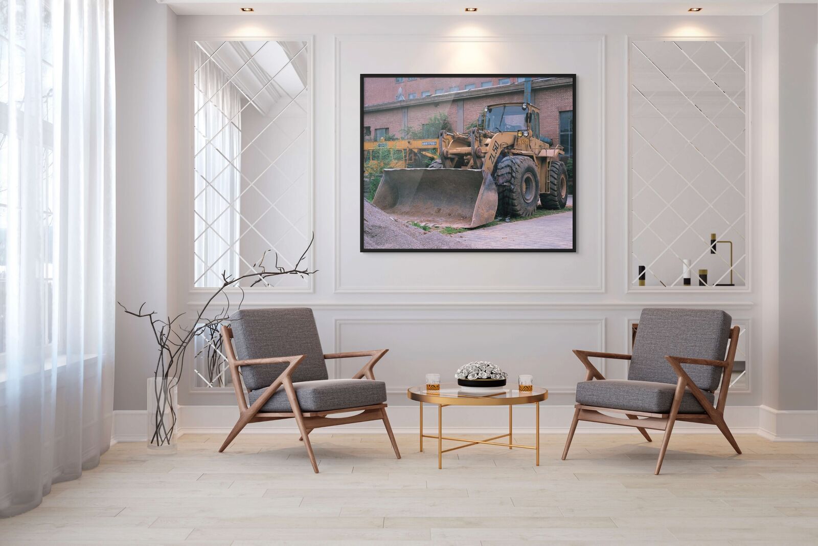 A picture of a bulldozer on a wall in a room.