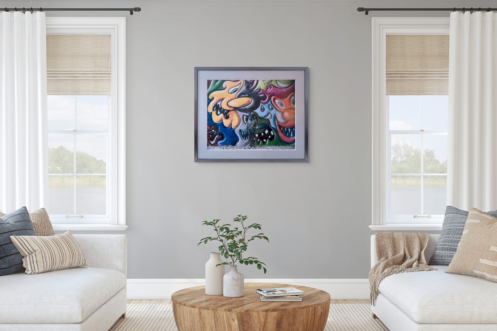 A painting of a man standing in front of a wall covered in graffiti.