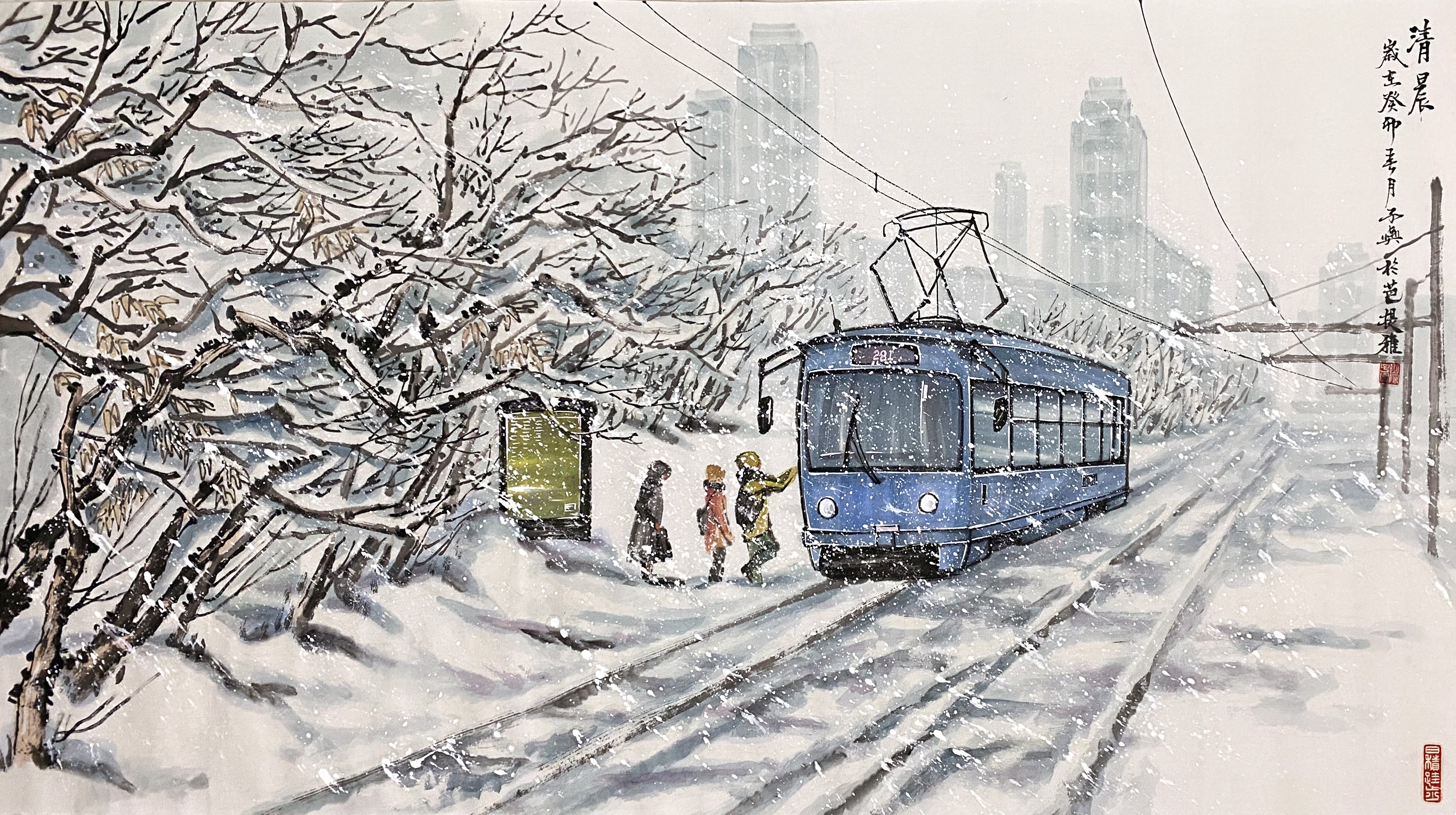 A painting of a blue train on a snowy street.