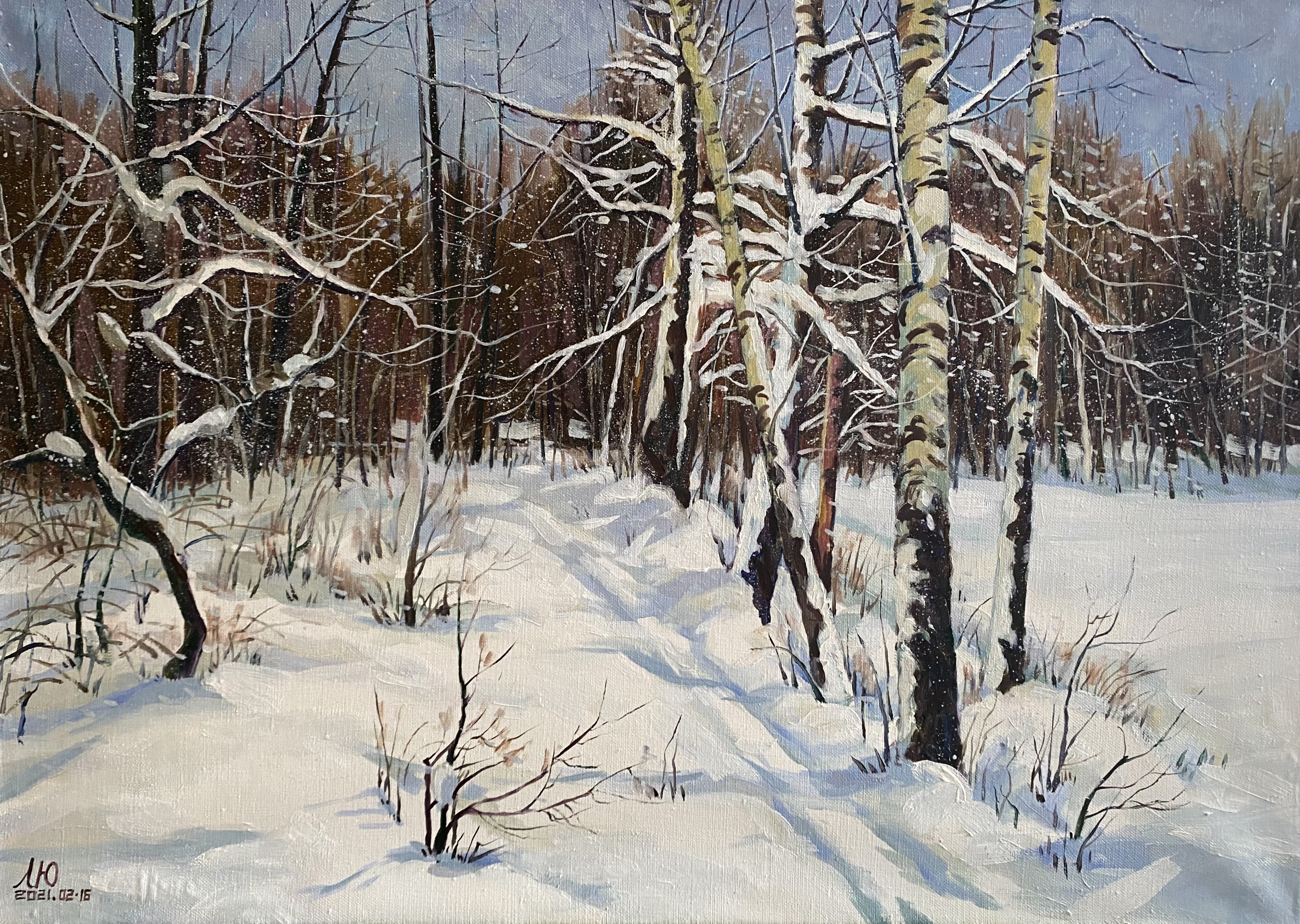 A painting of a snowy forest with trees in the snow.