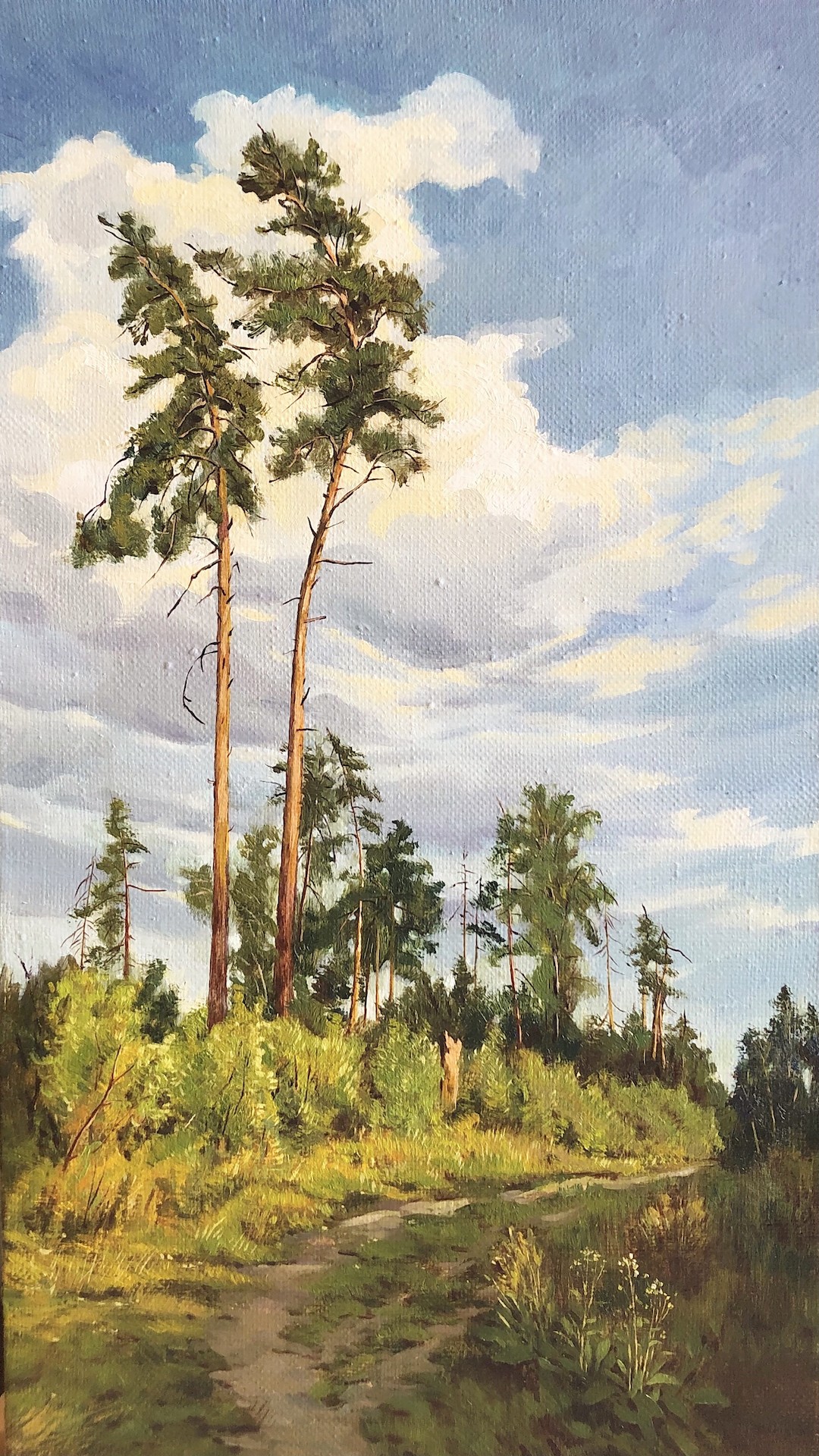 A painting of a dirt road in the middle of a forest.