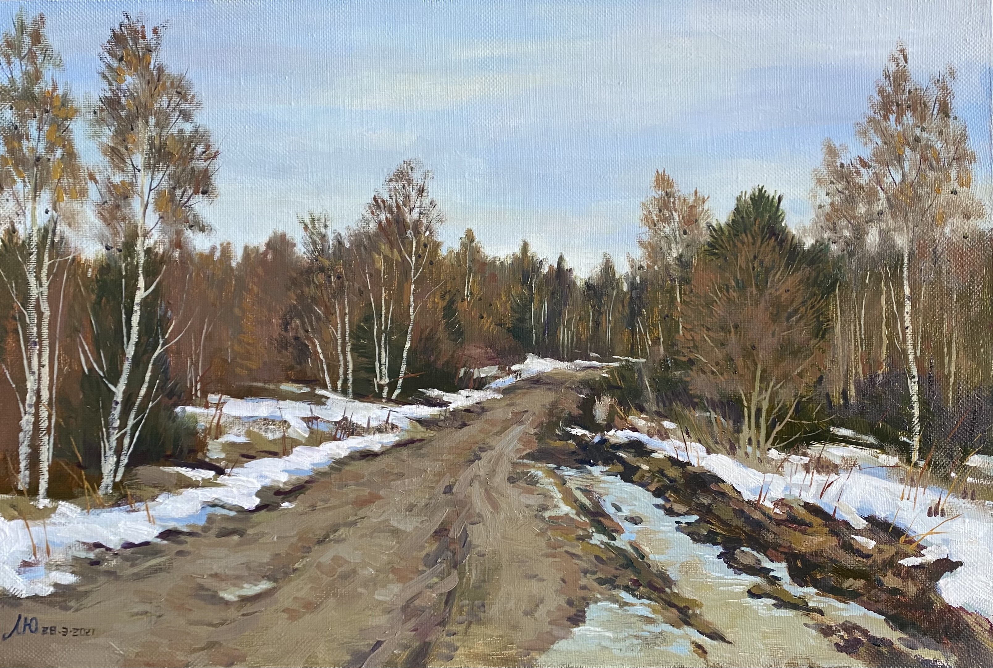A winter landscape painting of a muddy road winding through a forest with patches of snow.