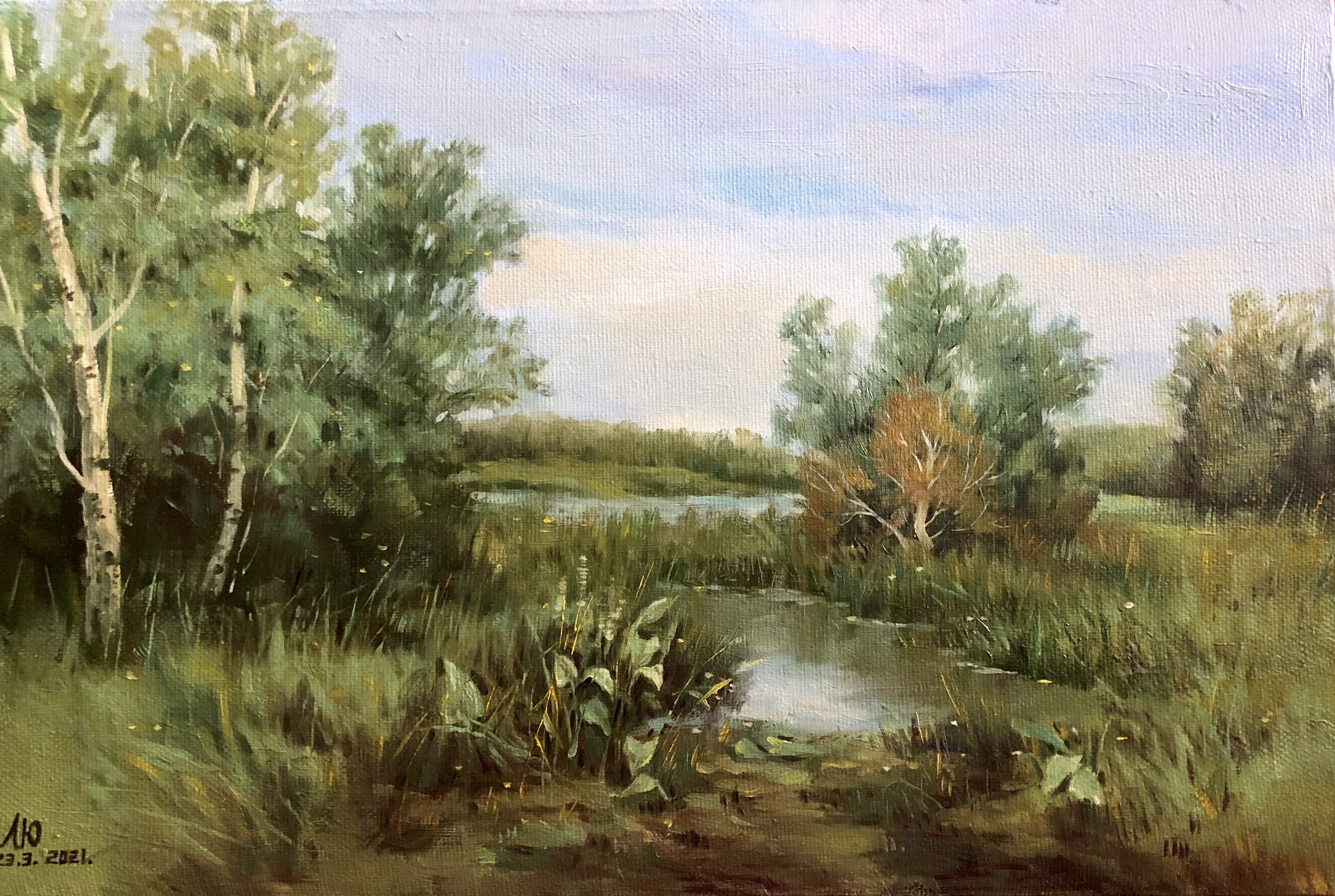 A painting of a river in the middle of a grassy field.