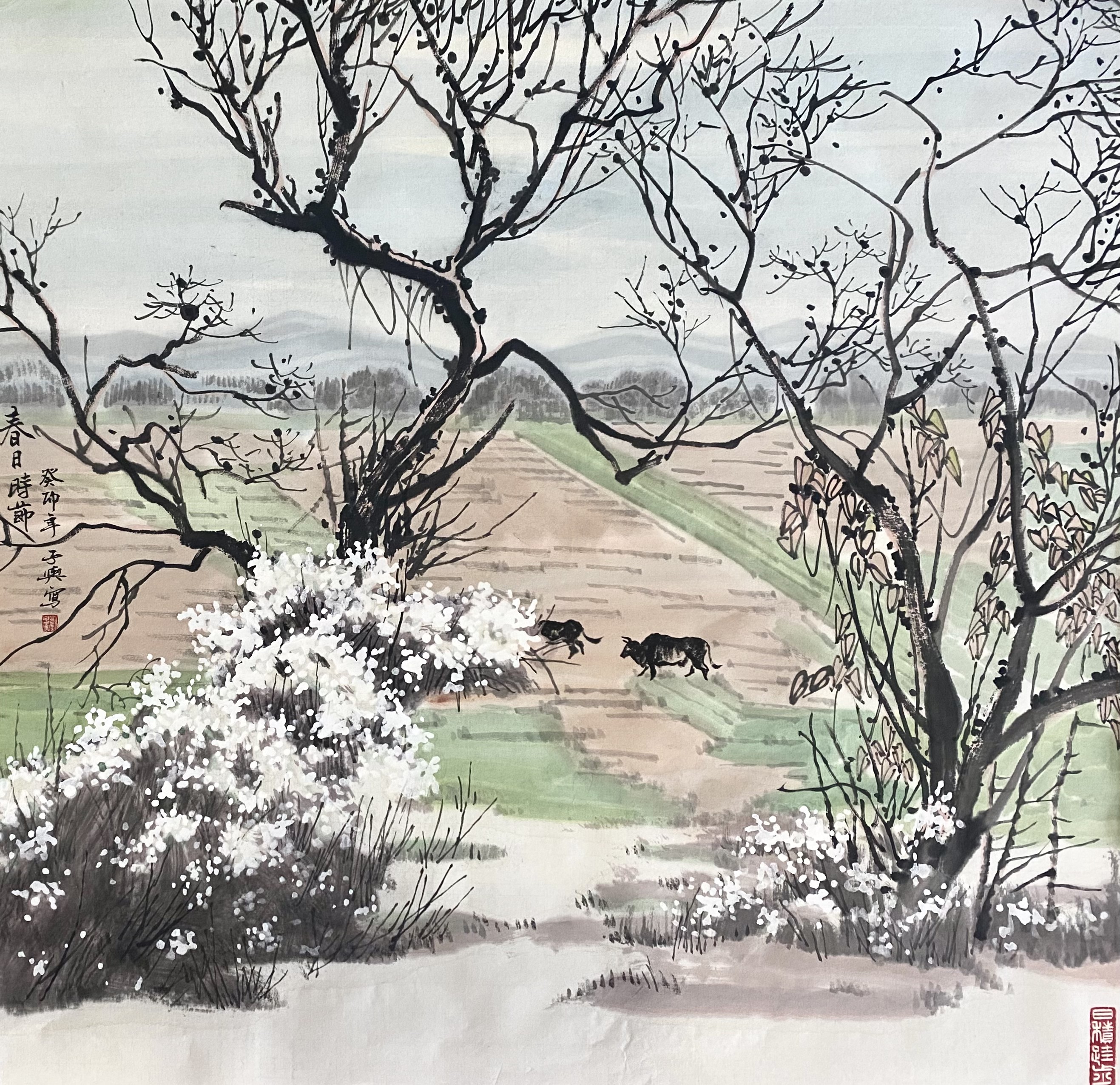 A traditional ink landscape painting featuring bare trees, blooming white flowers, and two dark figures walking across a field.
