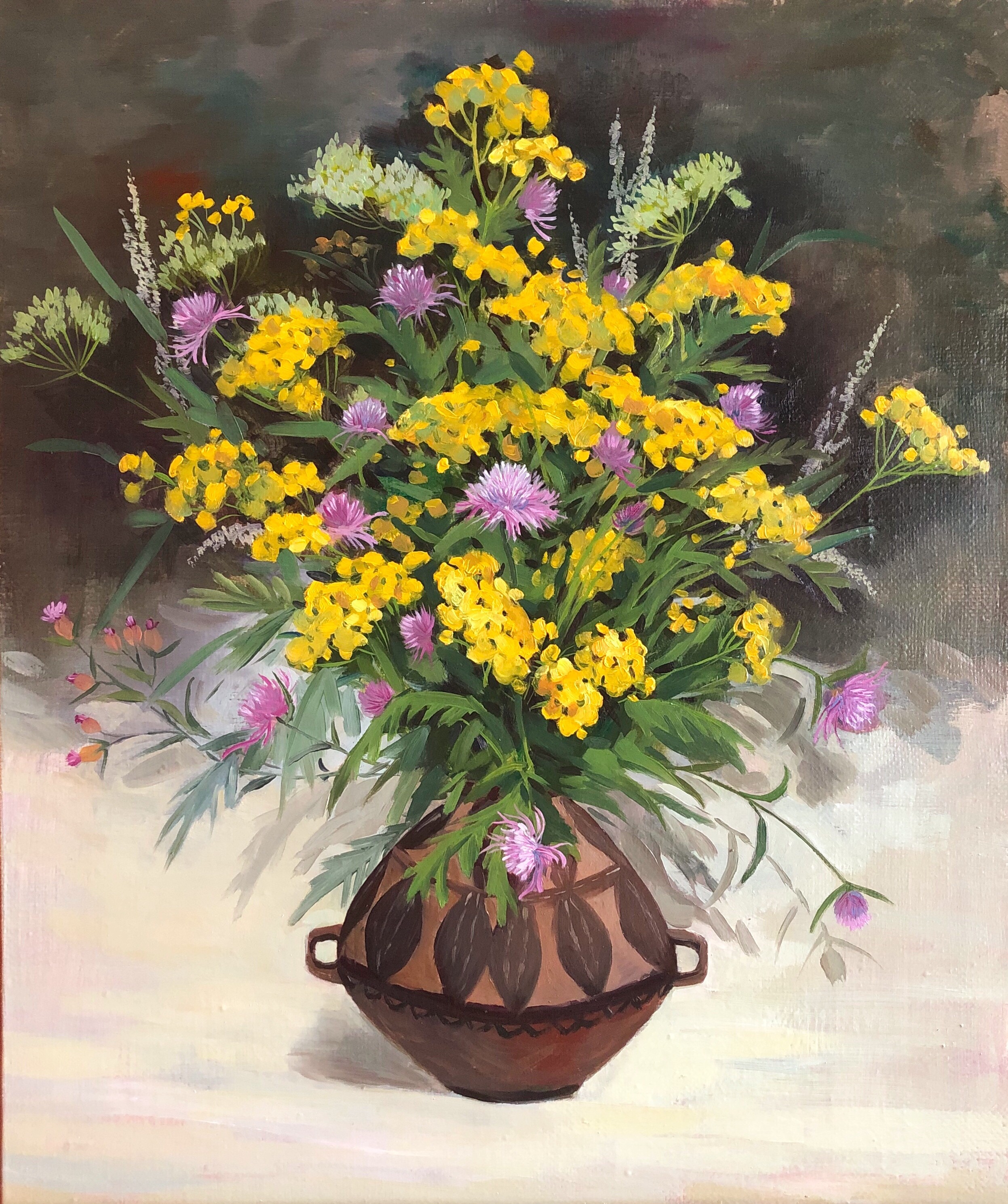 A painting of a vase filled with yellow and purple flowers.