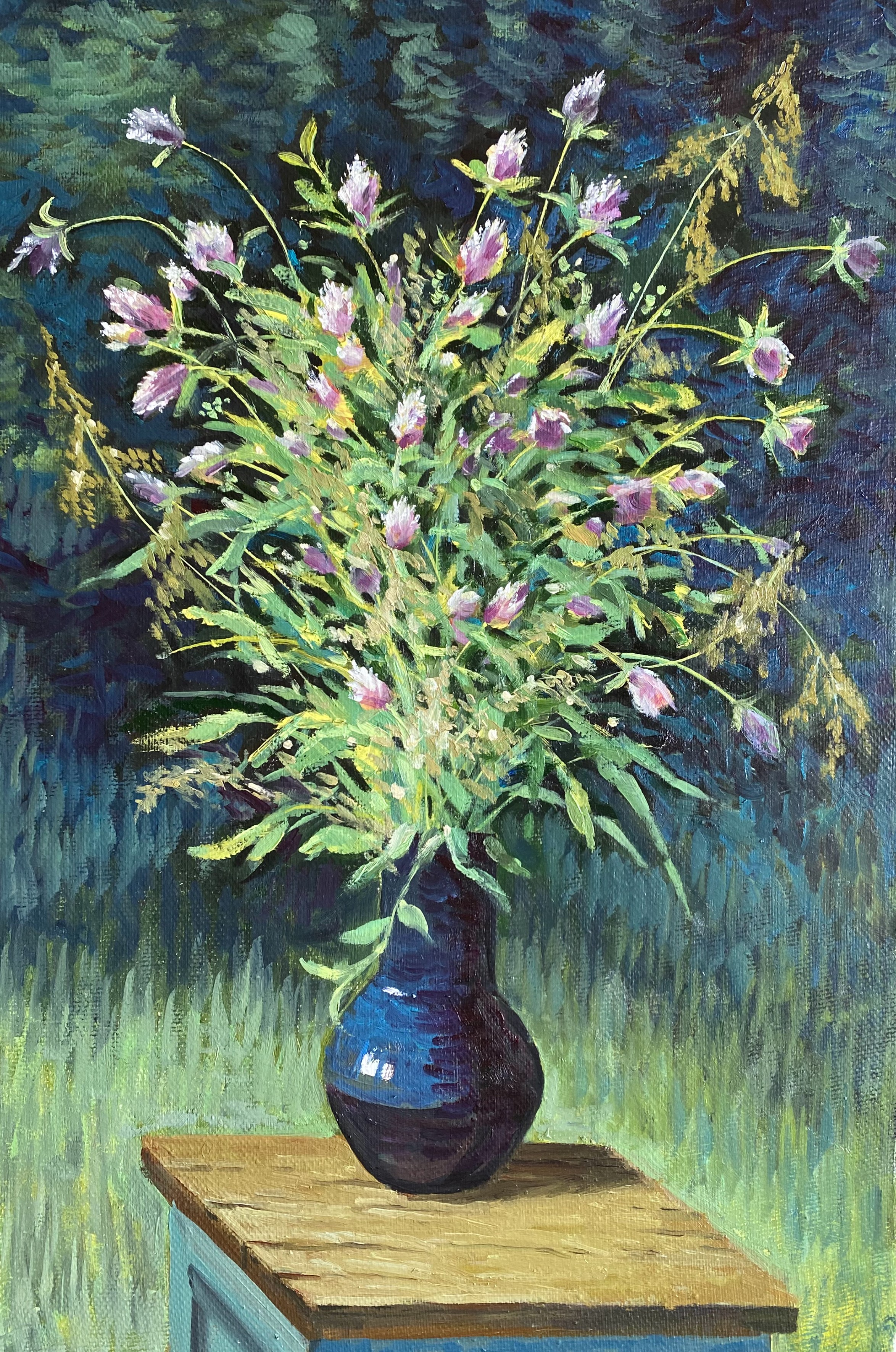 A painting of flowers in a blue vase on a table.