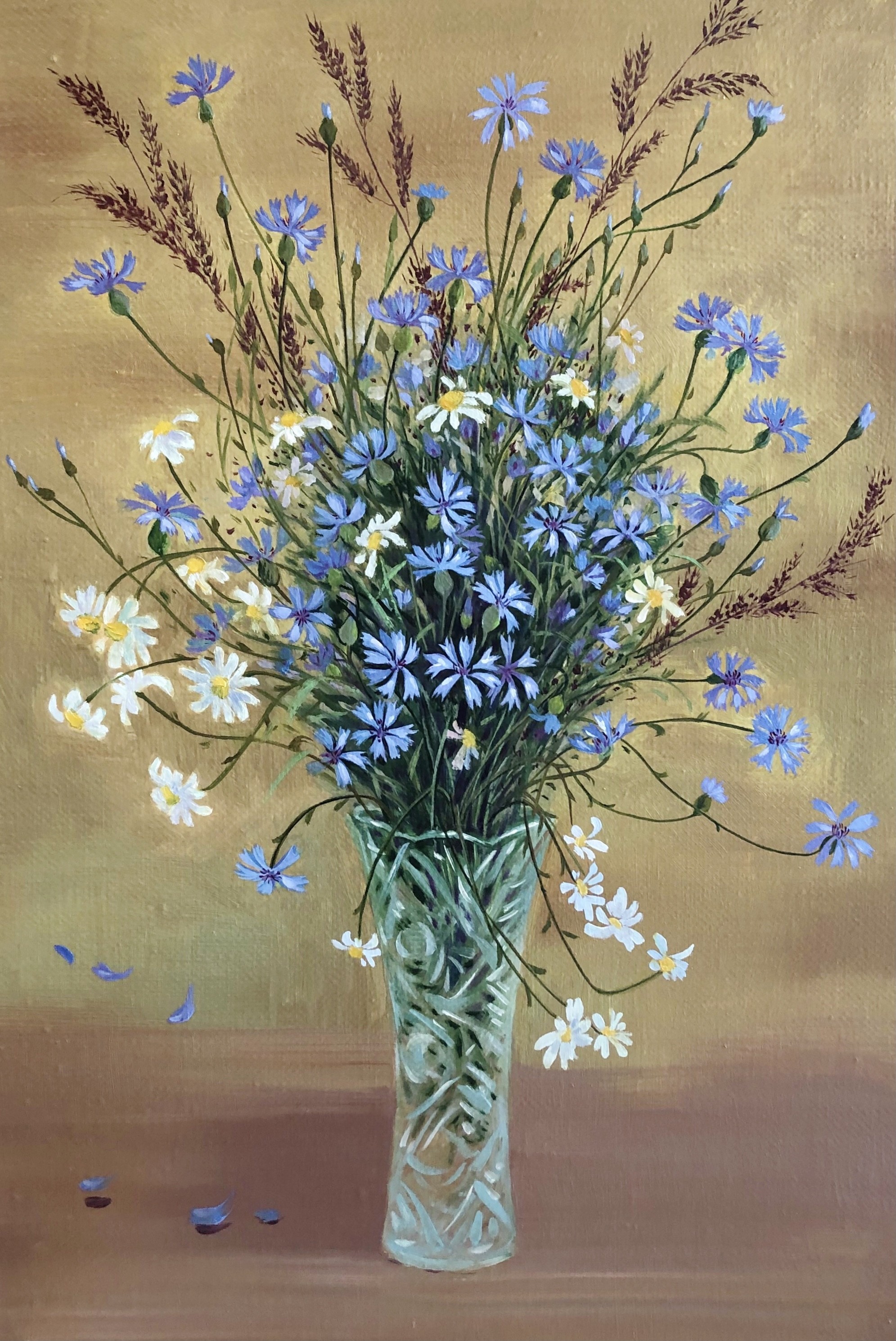A painting of blue and white flowers in a vase.