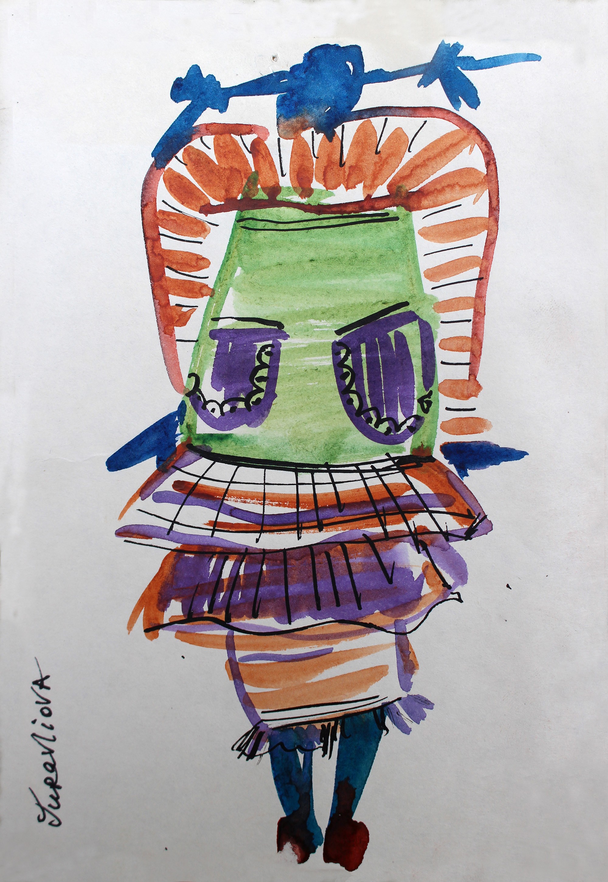 A watercolor painting of a girl in a dress with a hat on her head.