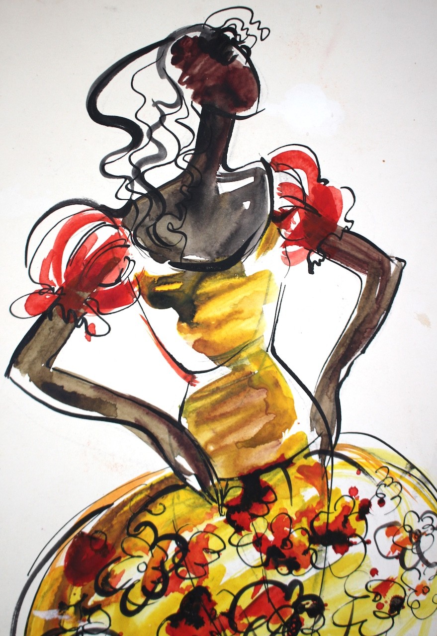 A drawing of a woman in a yellow dress.