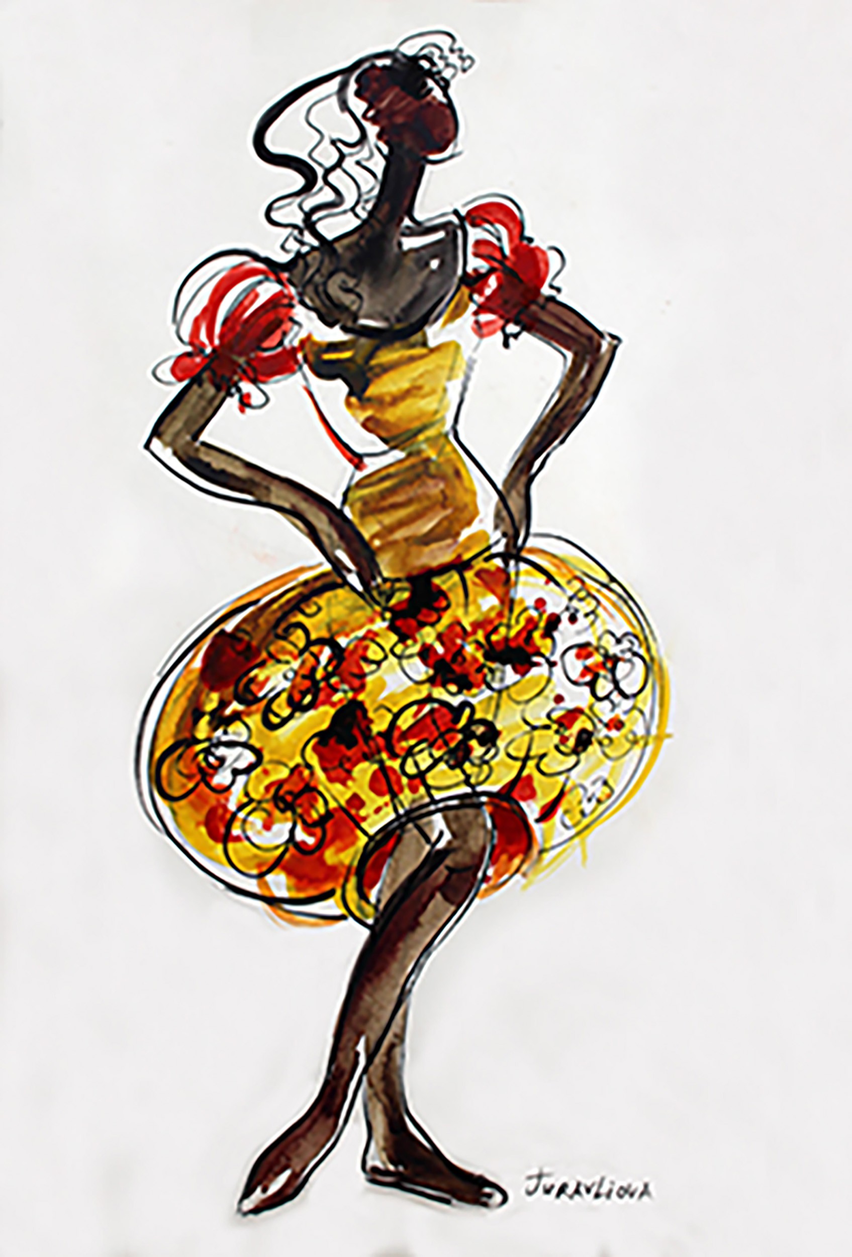 A drawing of a woman in a yellow dress.