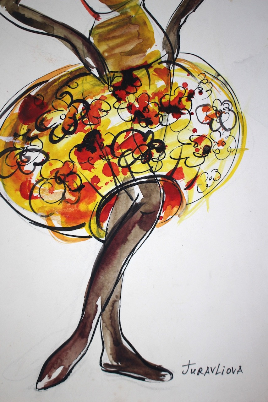 A drawing of a woman in a yellow dress.
