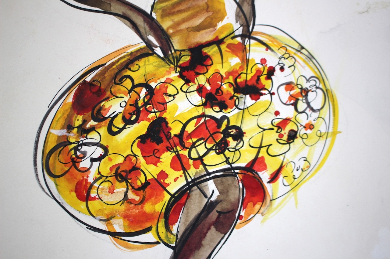 A drawing of a woman in a yellow dress.