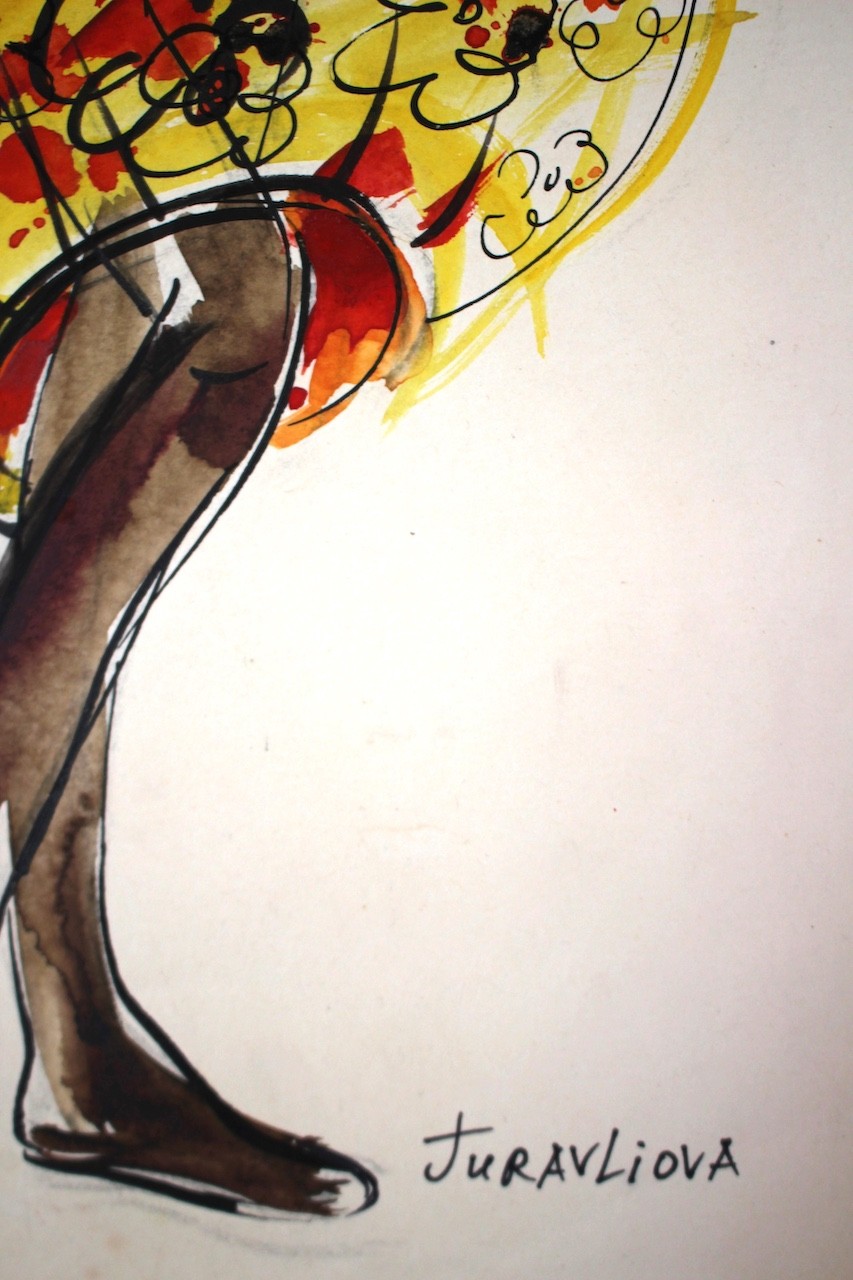 A drawing of a woman in a yellow dress.