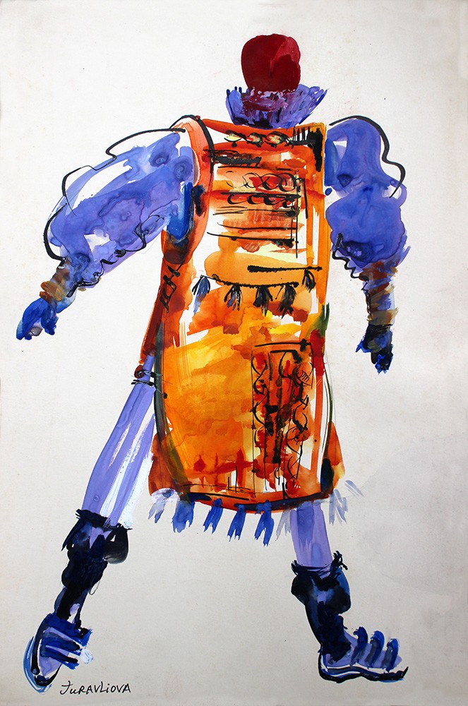 A watercolor painting of a man in an orange and blue outfit.