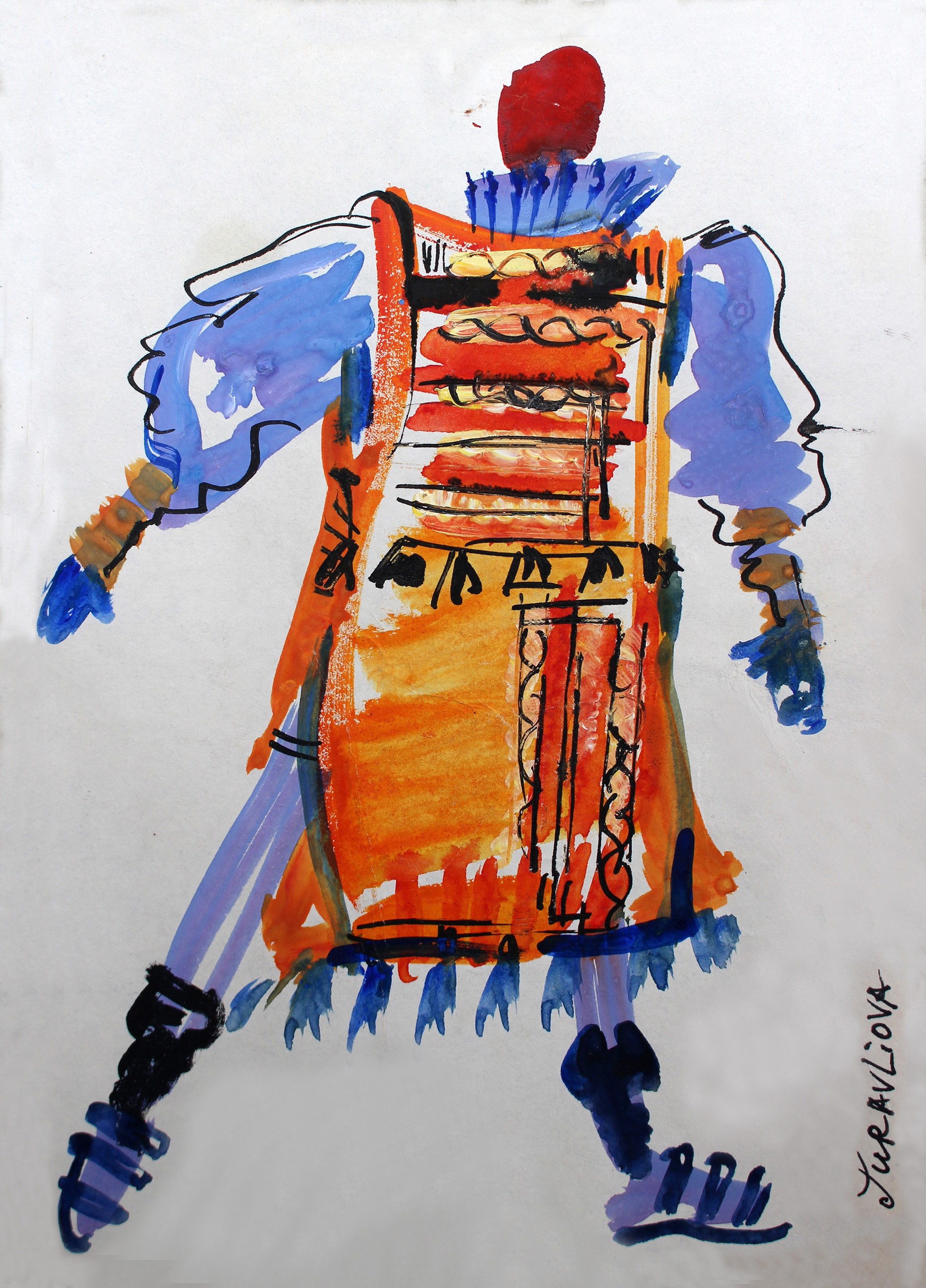 A watercolor painting of a man in an orange and blue outfit.