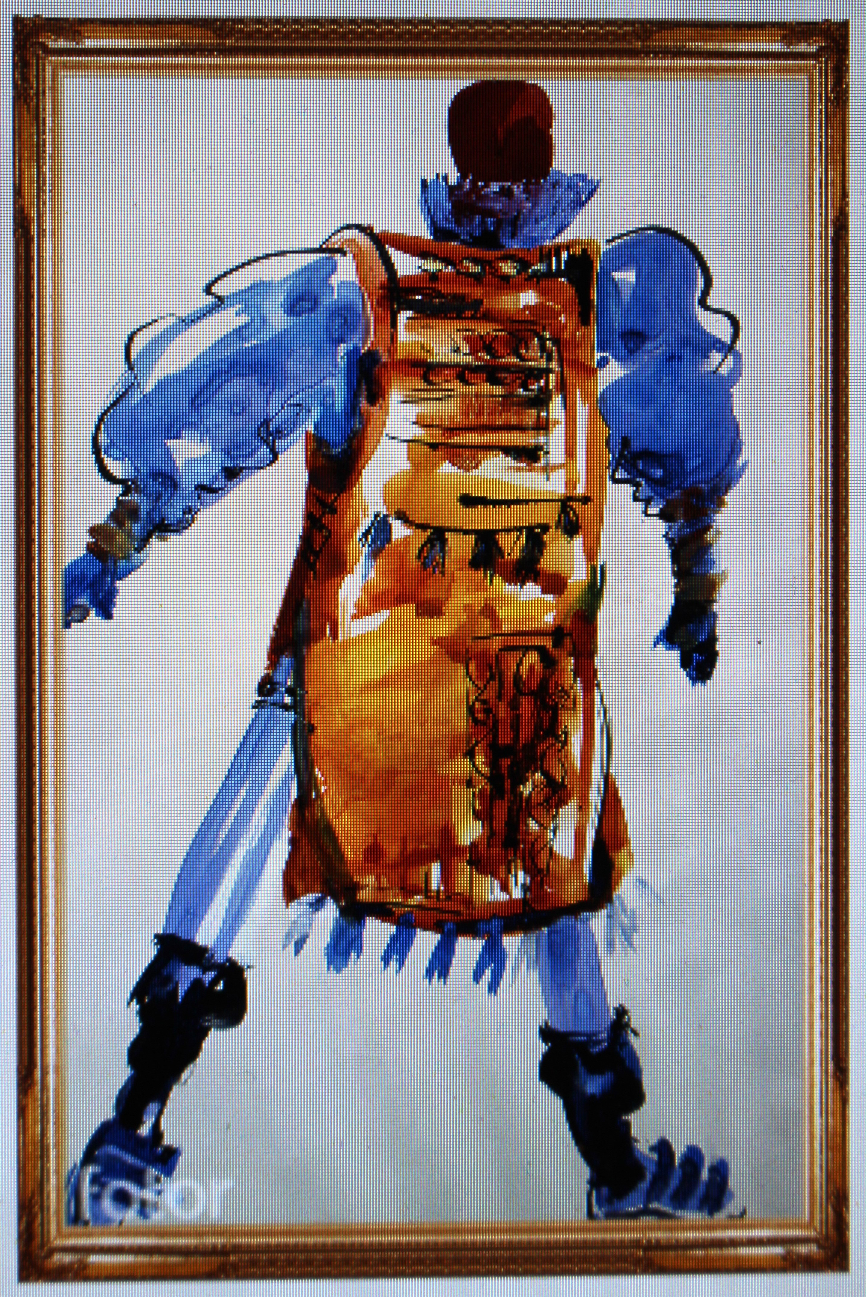 A watercolor painting of a man in an orange and blue outfit.
