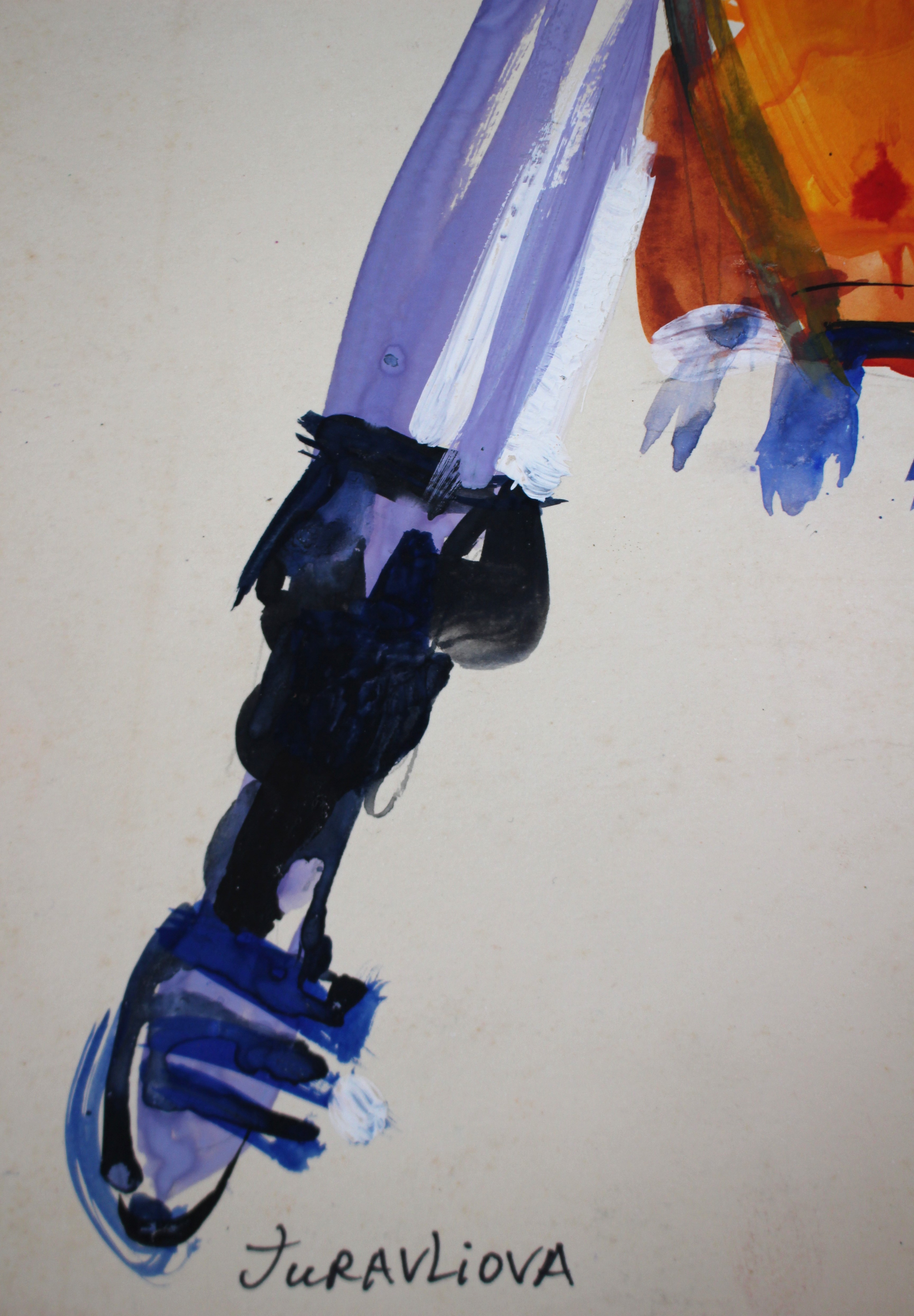 A watercolor painting of a man in an orange and blue outfit.