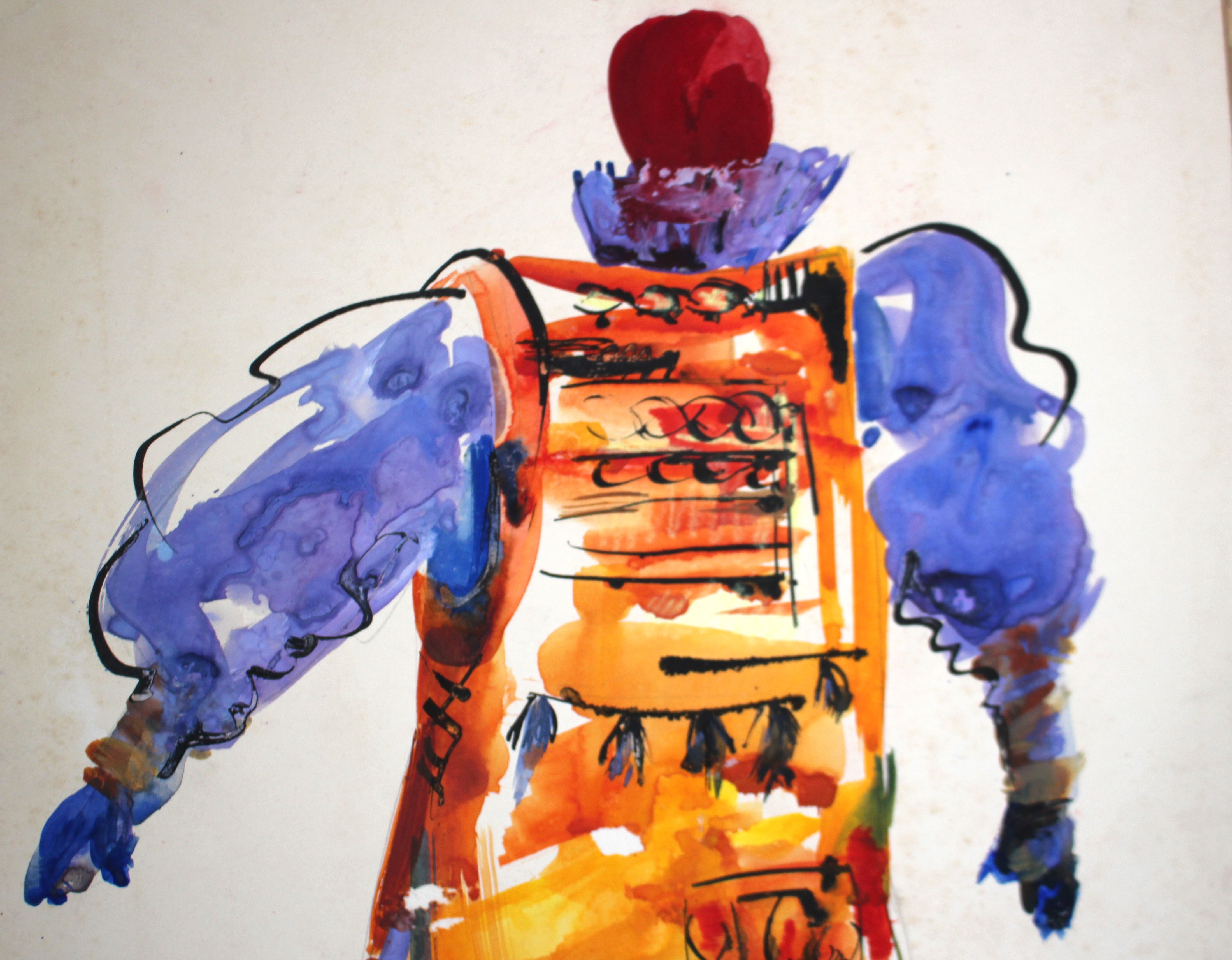 A watercolor painting of a man in an orange and blue outfit.
