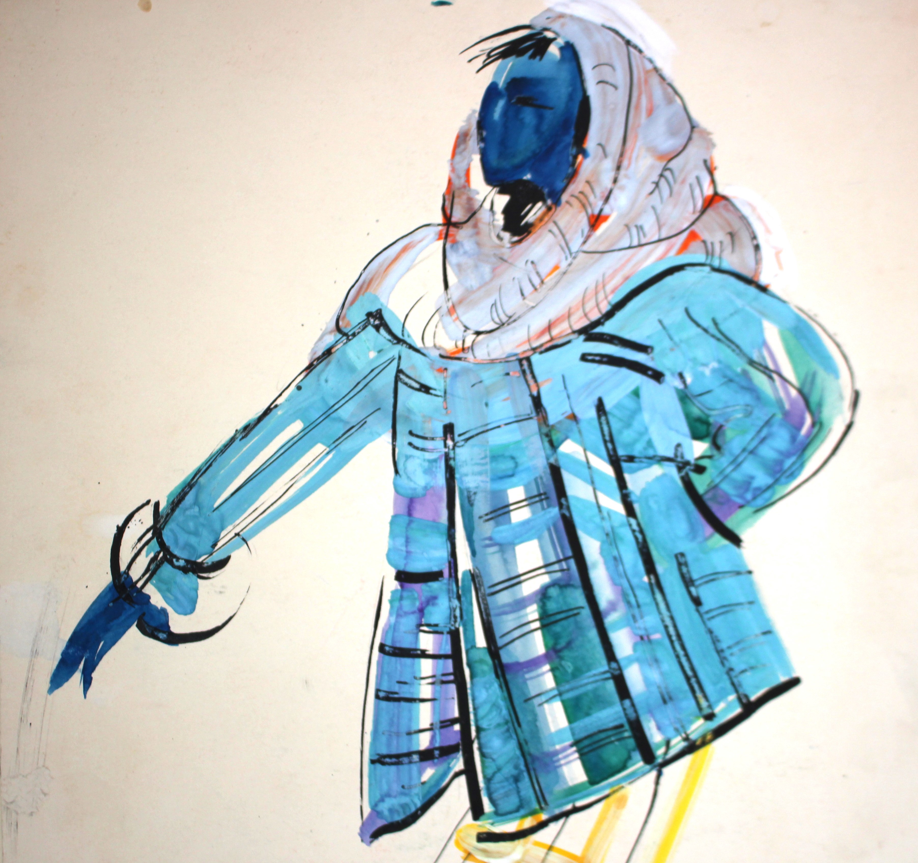 A watercolor painting of a woman in a blue coat and yellow pants.