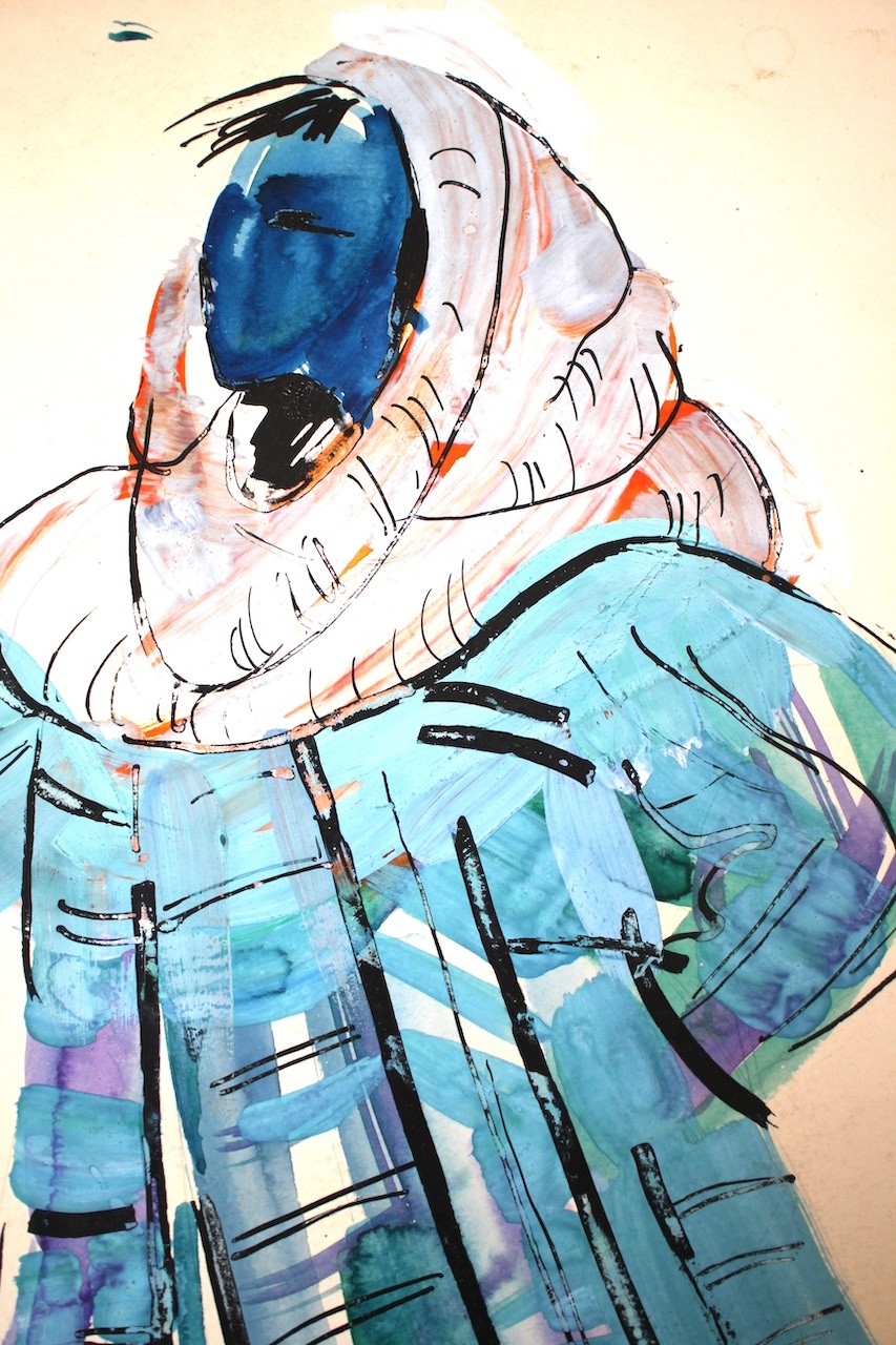 A watercolor painting of a woman in a blue coat and yellow pants.
