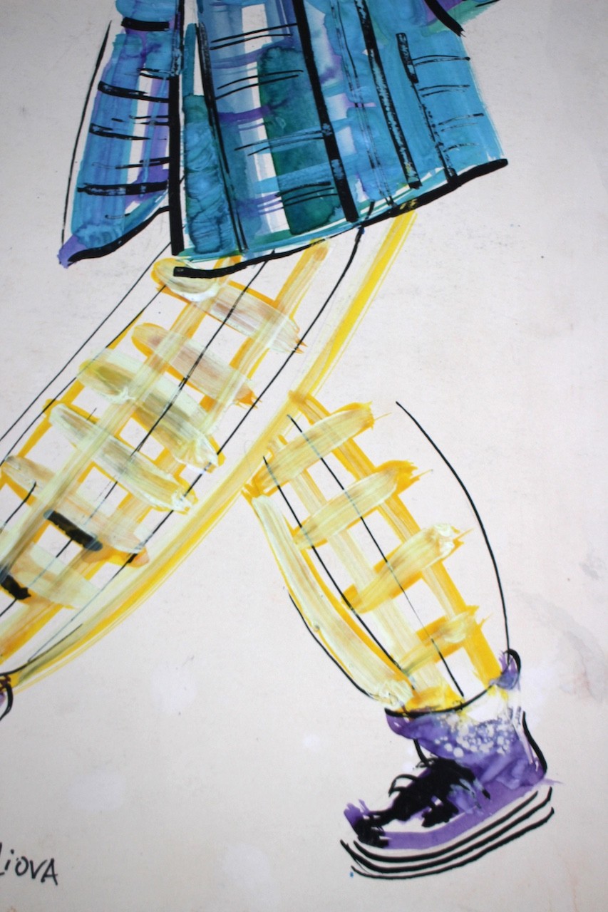 A watercolor painting of a woman in a blue coat and yellow pants.
