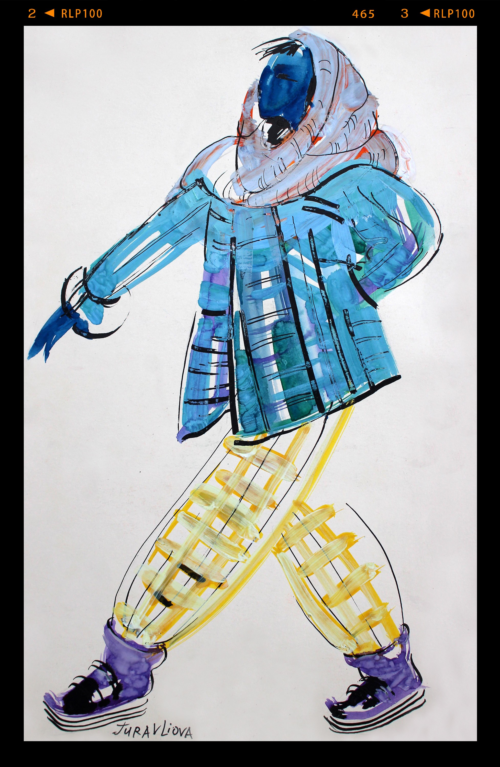 A watercolor painting of a woman in a blue coat and yellow pants.