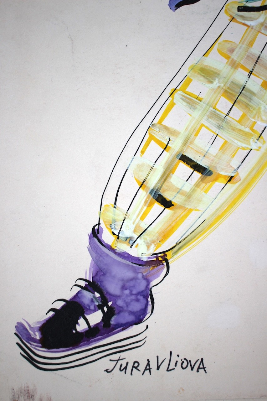 A watercolor painting of a woman in a blue coat and yellow pants.