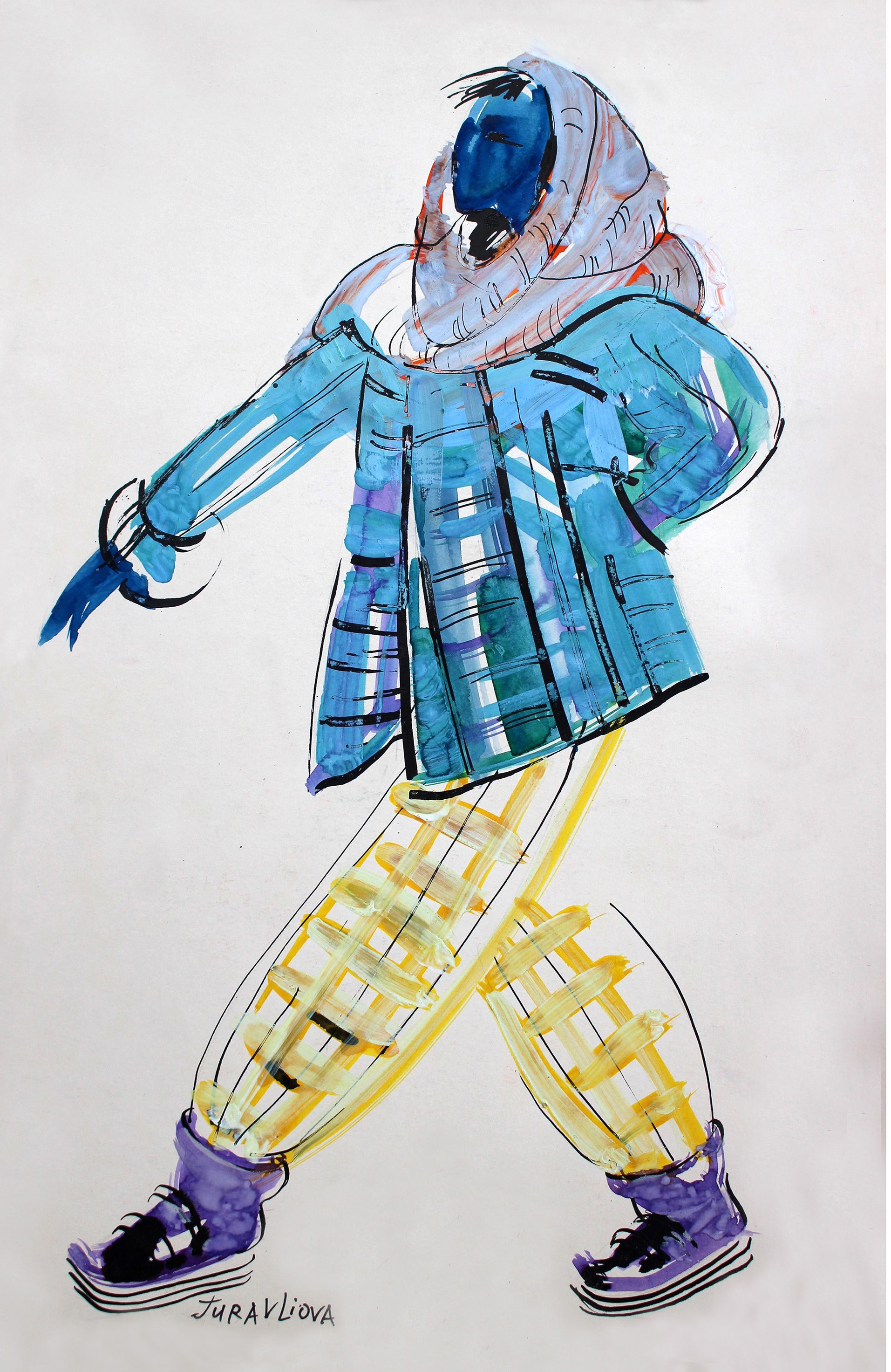 A watercolor painting of a woman in a blue coat and yellow pants.