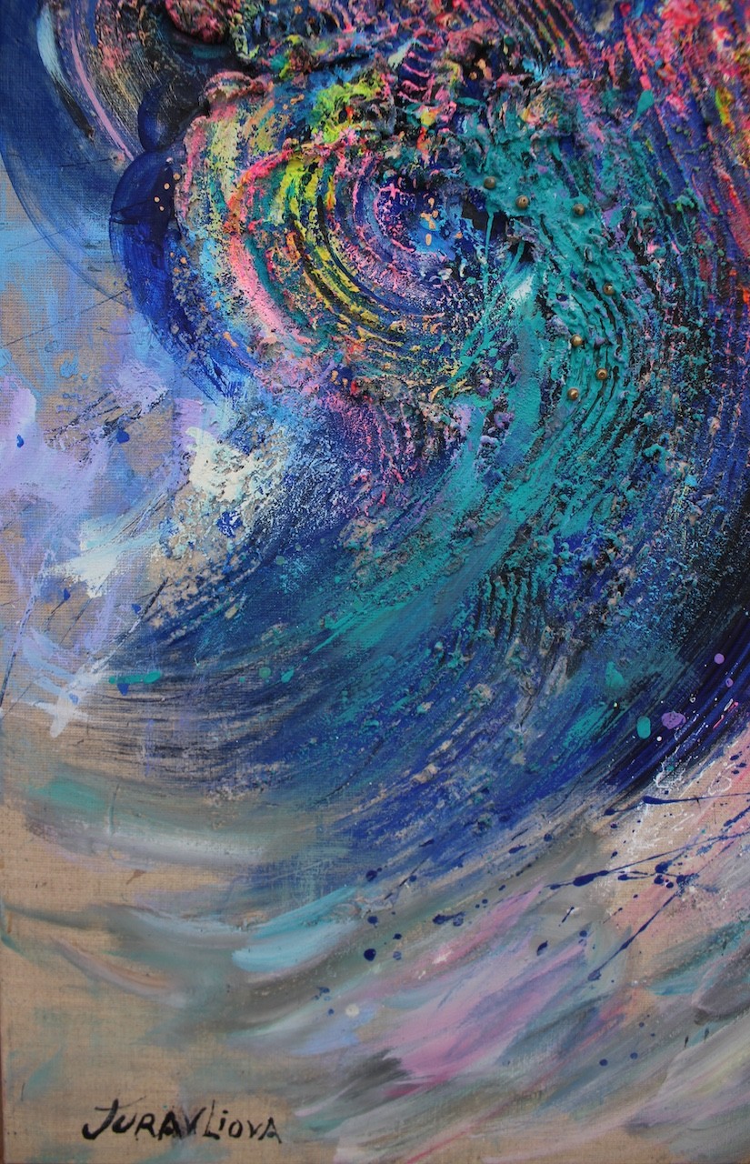 A painting of a woman's face with colorful hair.