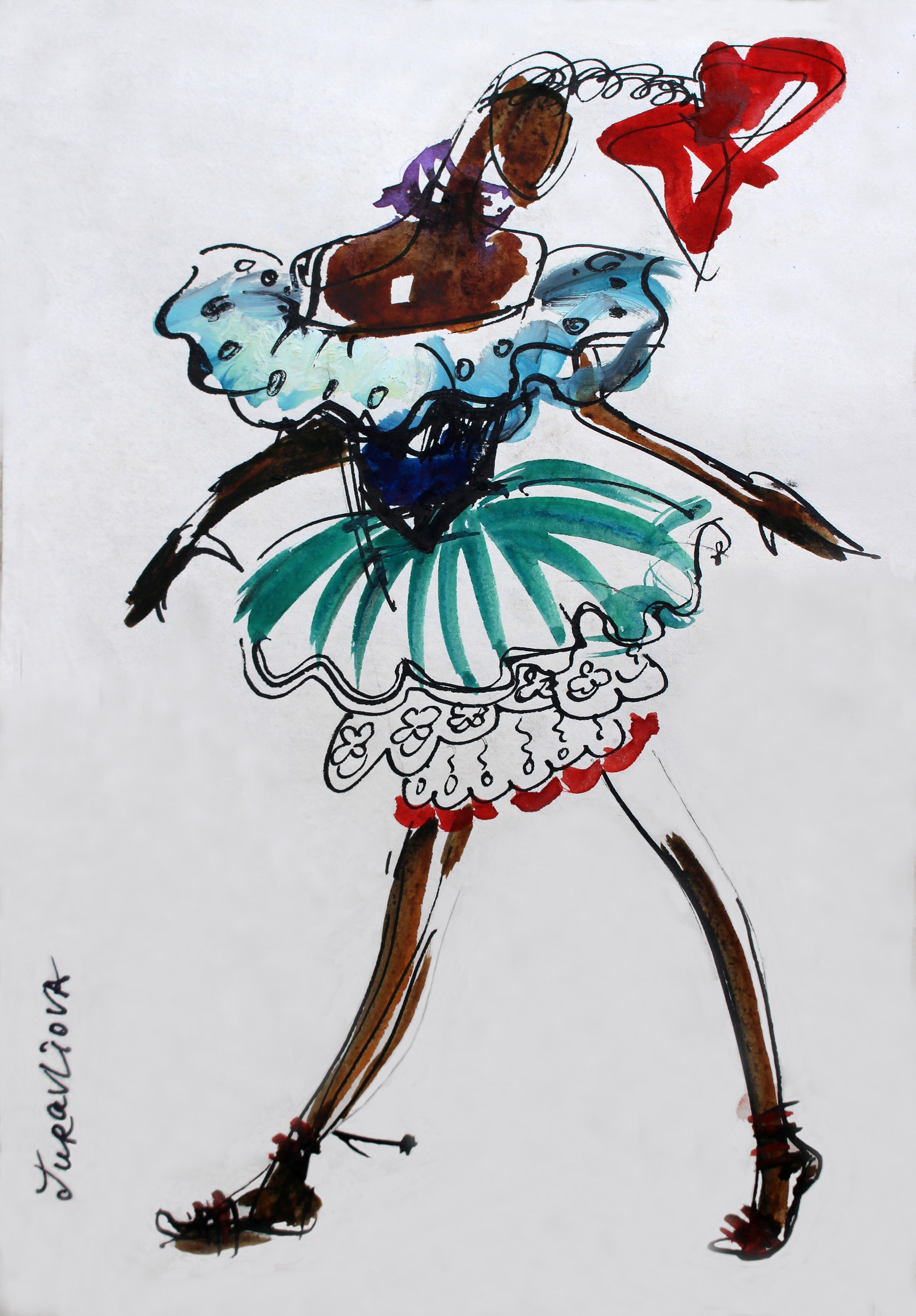 A drawing of a woman in a dress with a heart on her head.