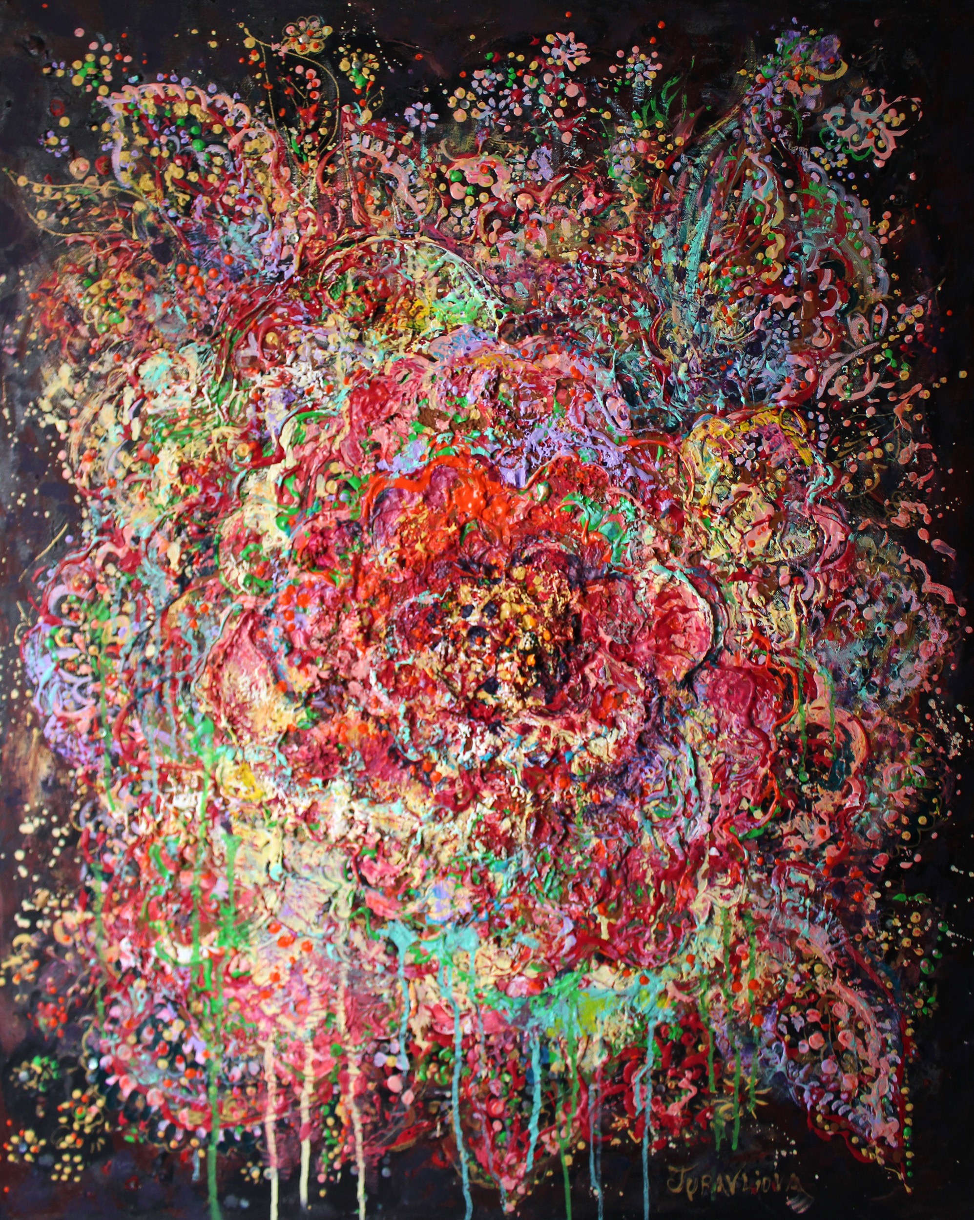 A vibrant abstract floral explosion bursting with reds, pinks, and greens against a dark void.