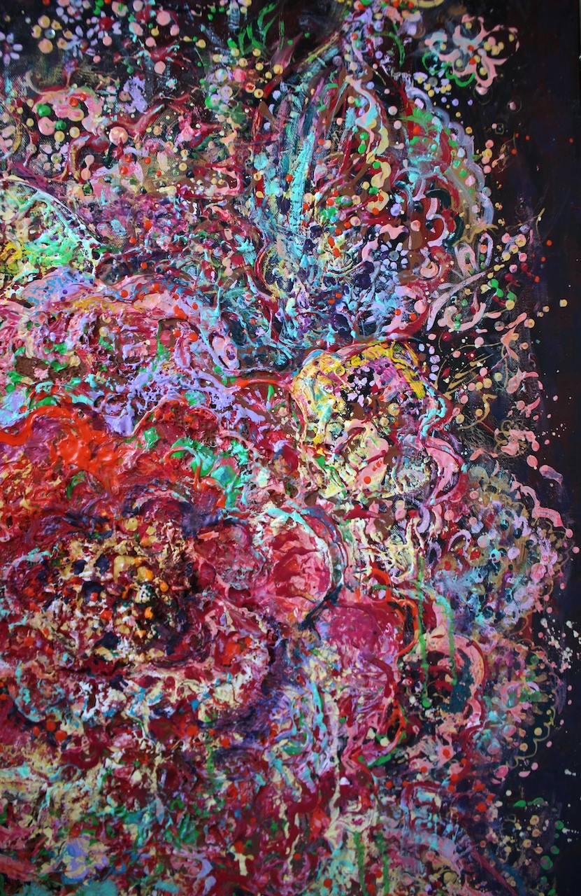 A vibrant abstract floral explosion bursting with reds, pinks, and greens against a dark void.