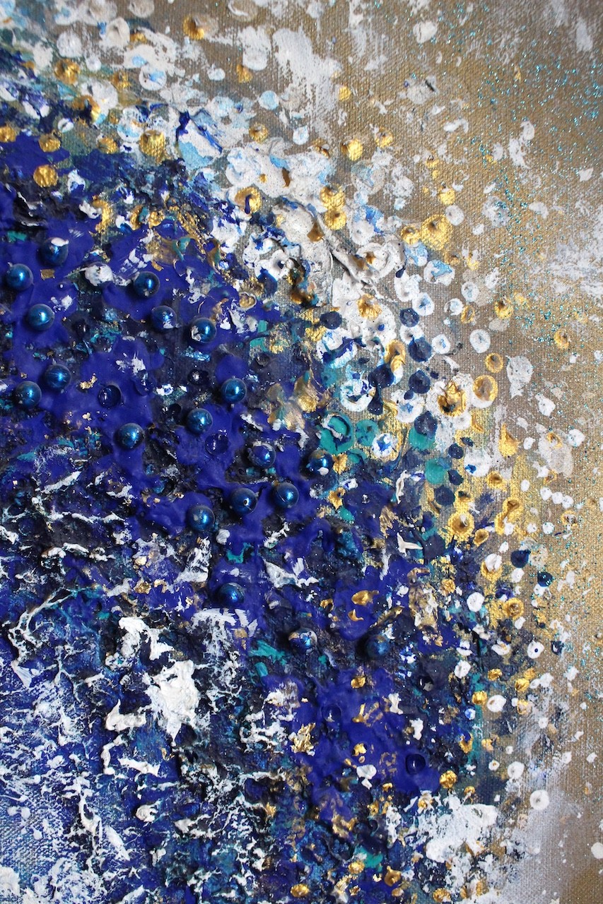 A dynamic painting of a curling ocean wave rendered in textured brushstrokes.