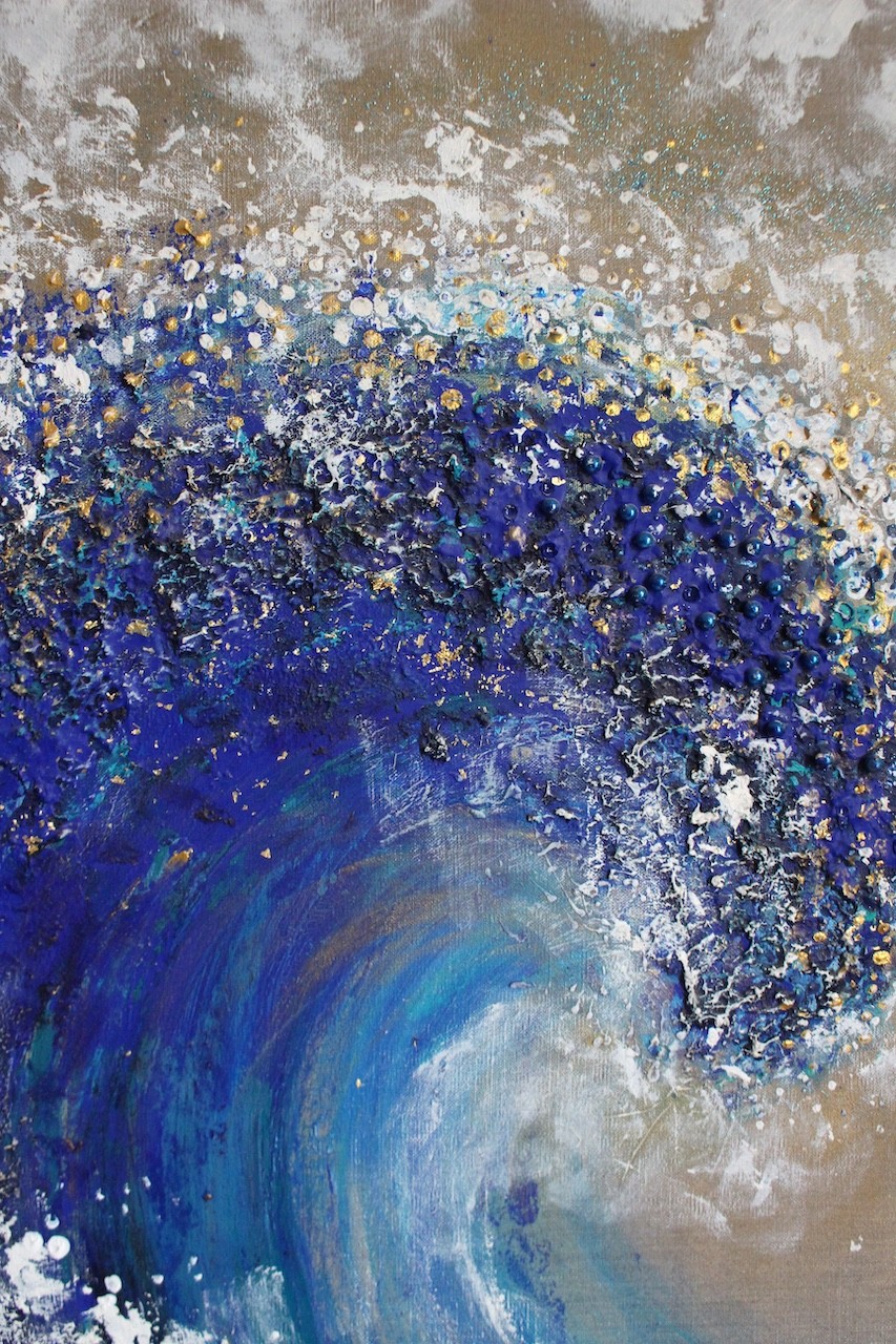 A dynamic painting of a curling ocean wave rendered in textured brushstrokes.