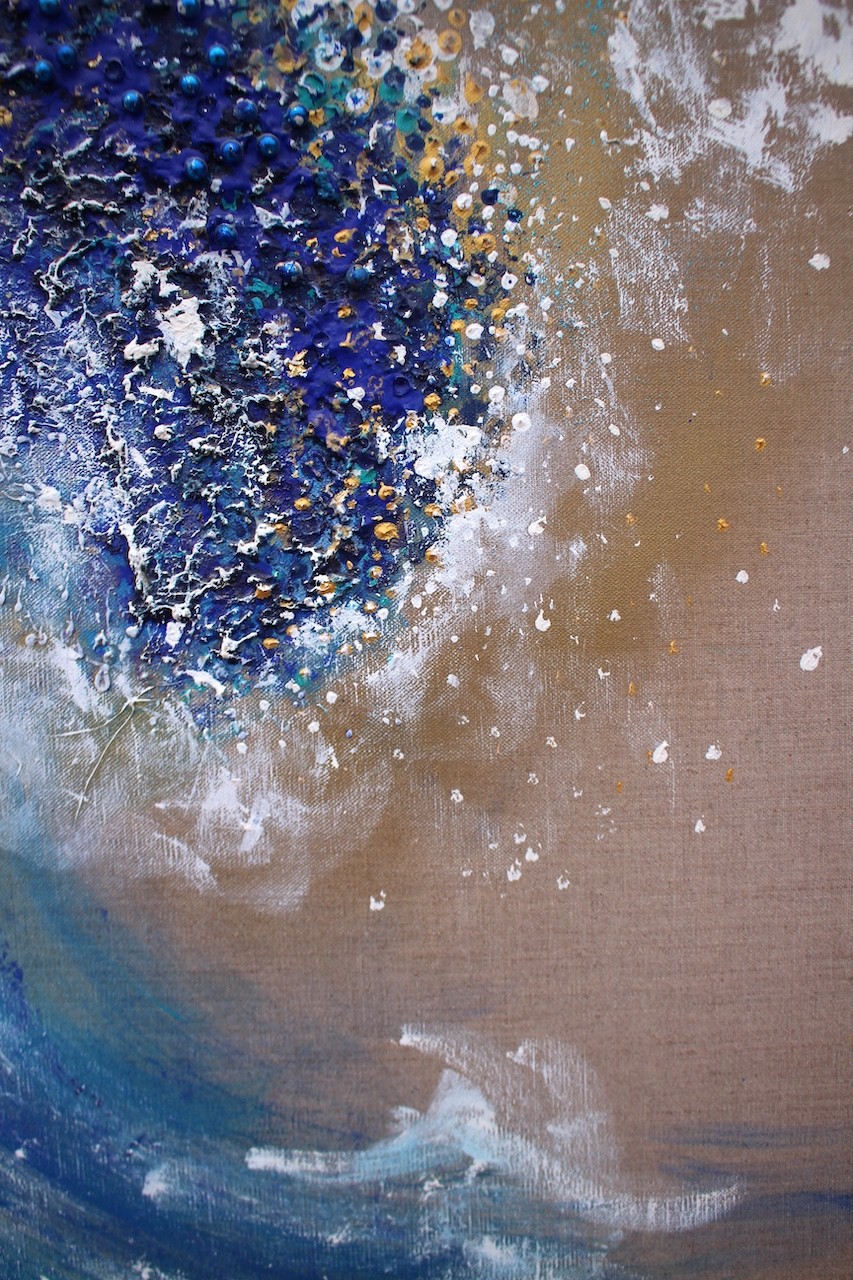 A dynamic painting of a curling ocean wave rendered in textured brushstrokes.