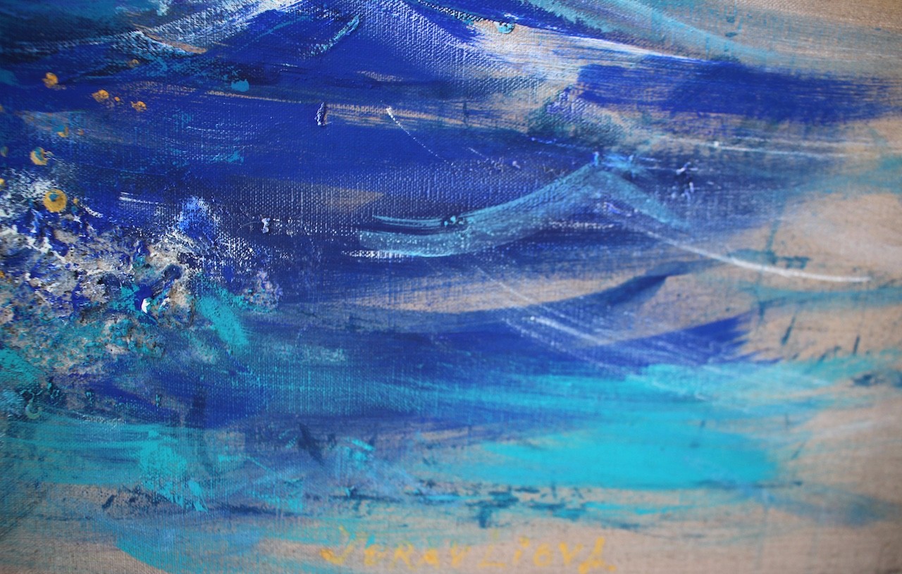 A dynamic painting of a curling ocean wave rendered in textured brushstrokes.