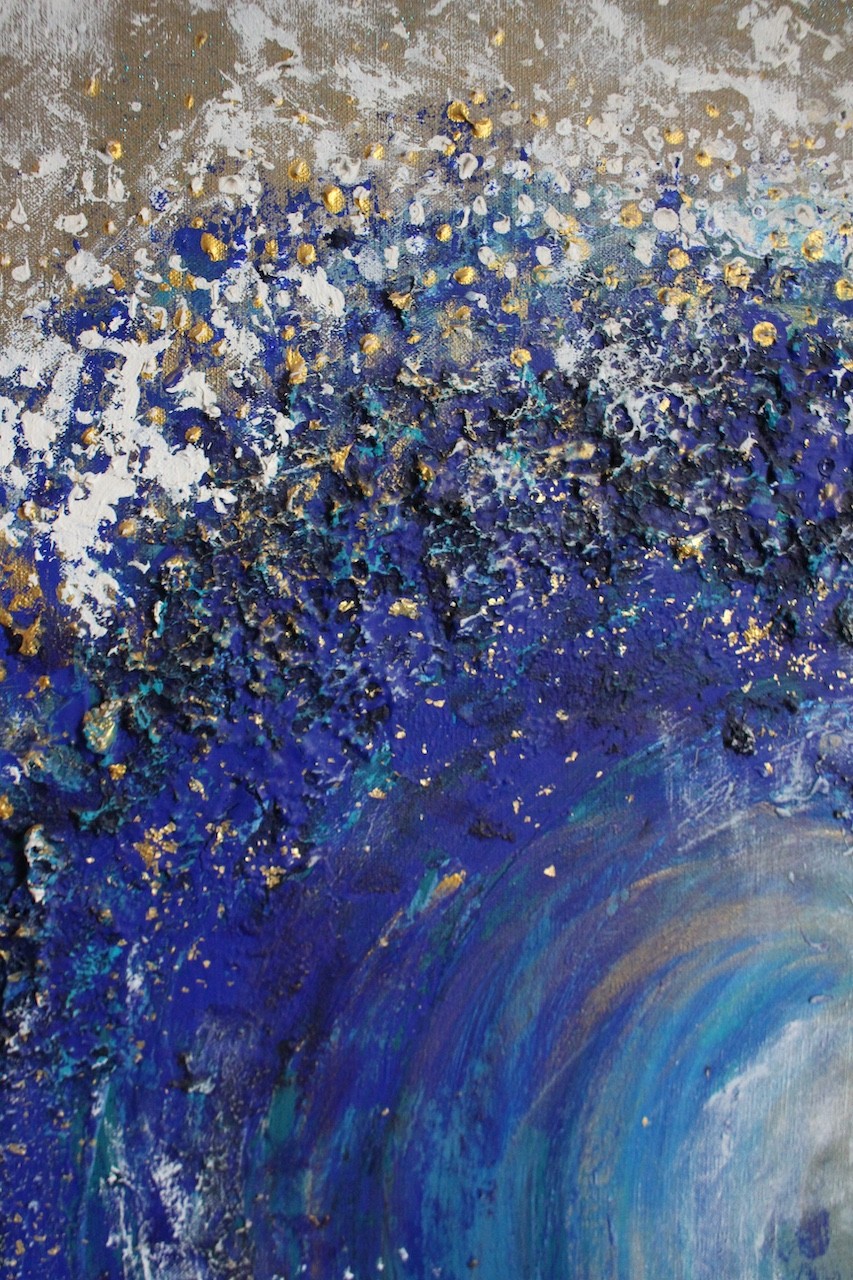 A dynamic painting of a curling ocean wave rendered in textured brushstrokes.
