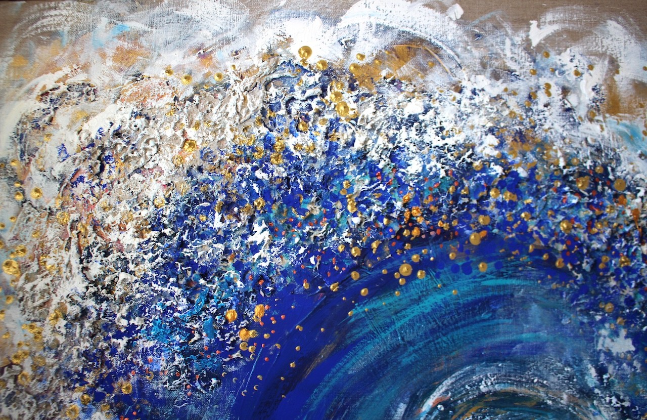 A dynamic painting of a curling ocean wave rendered in textured brushstrokes.