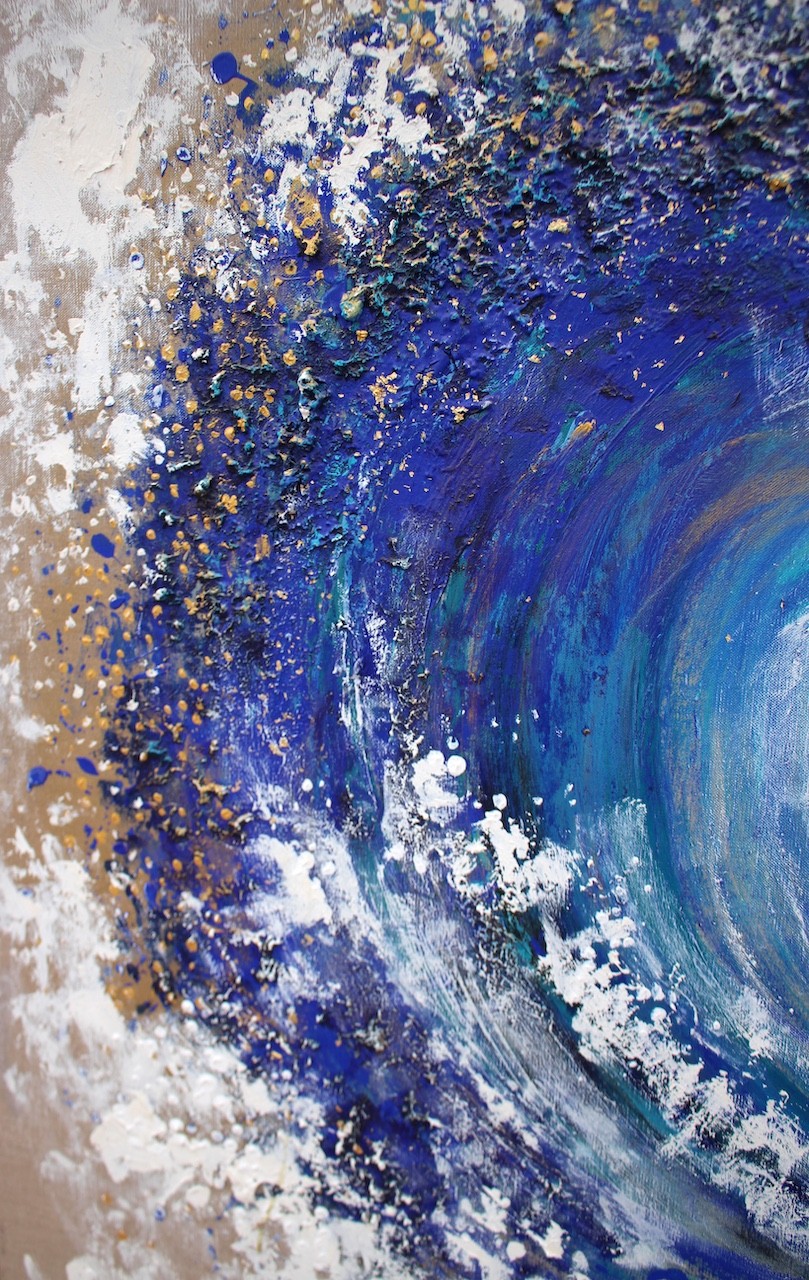 A dynamic painting of a curling ocean wave rendered in textured brushstrokes.