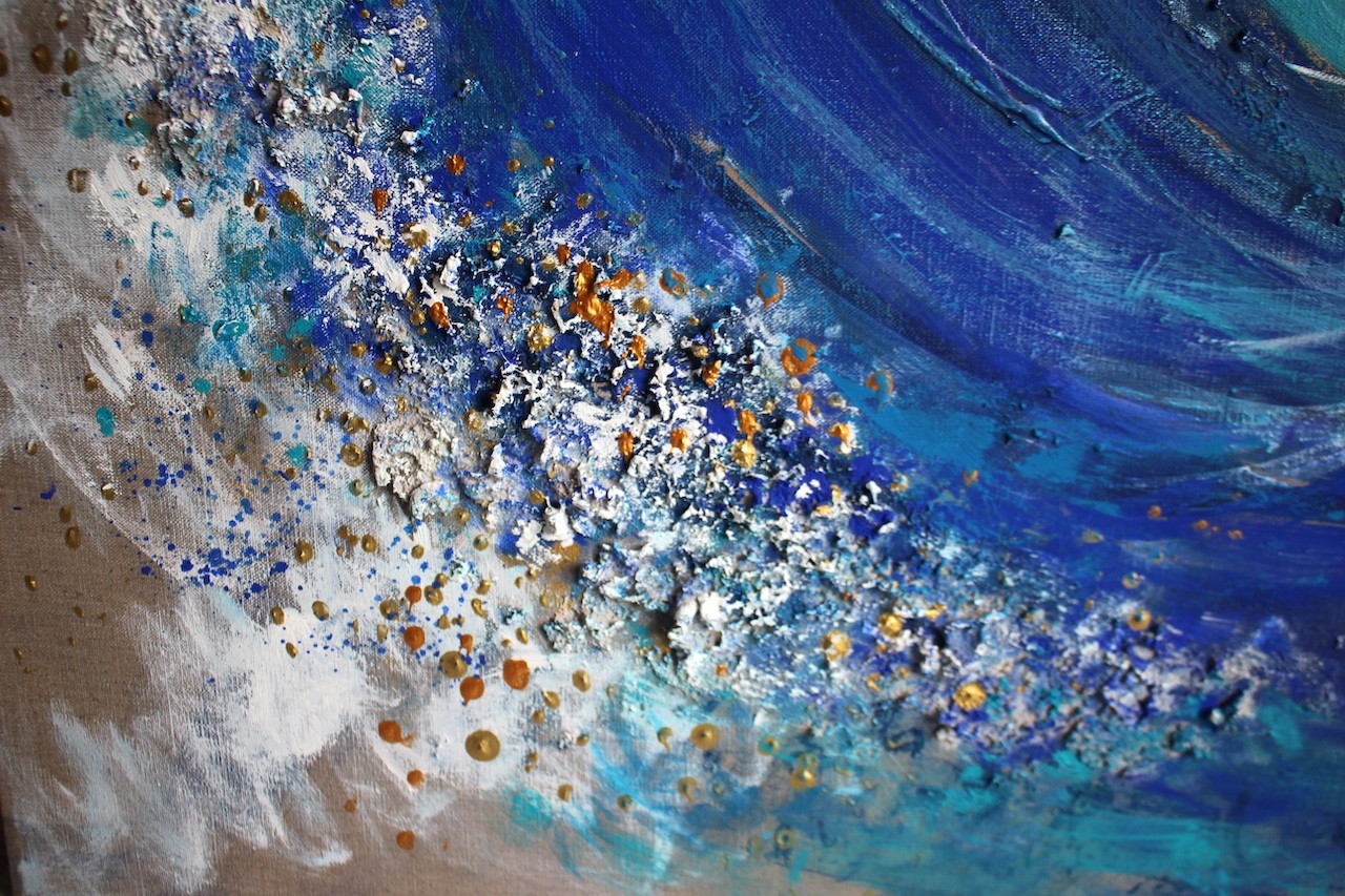 A dynamic painting of a curling ocean wave rendered in textured brushstrokes.