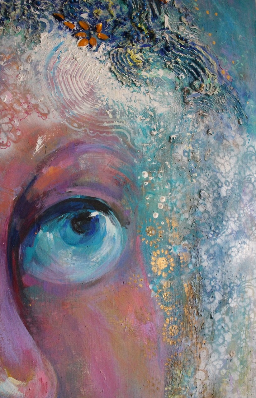 A surreal portrait of a figure with flower-like hair against a dreamy, textured background.