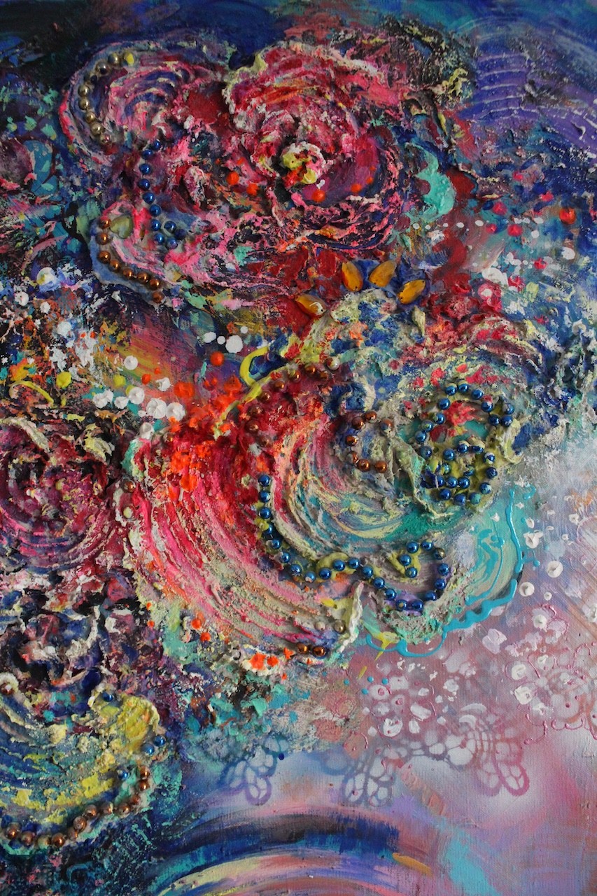 A surreal portrait of a figure with flower-like hair against a dreamy, textured background.