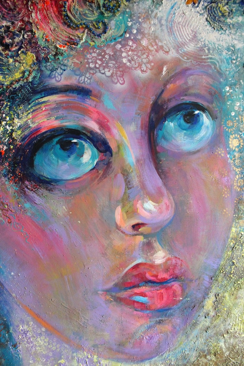 A surreal portrait of a figure with flower-like hair against a dreamy, textured background.