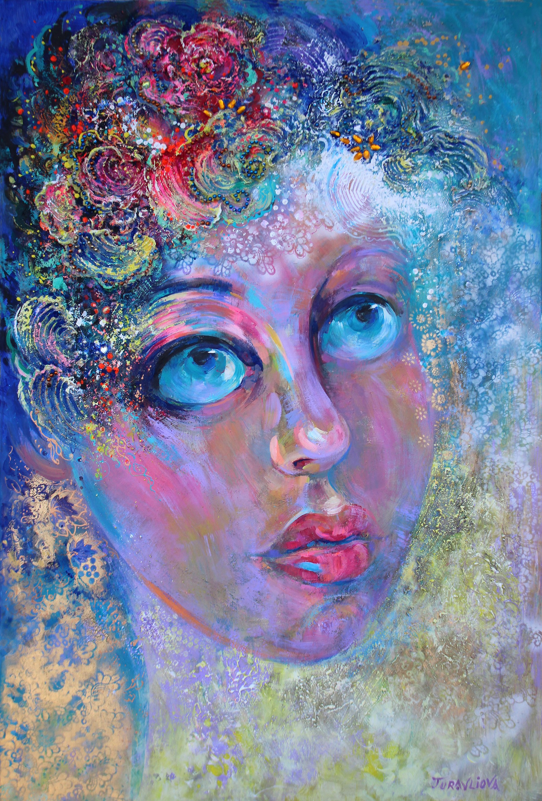 A surreal portrait of a figure with flower-like hair against a dreamy, textured background.