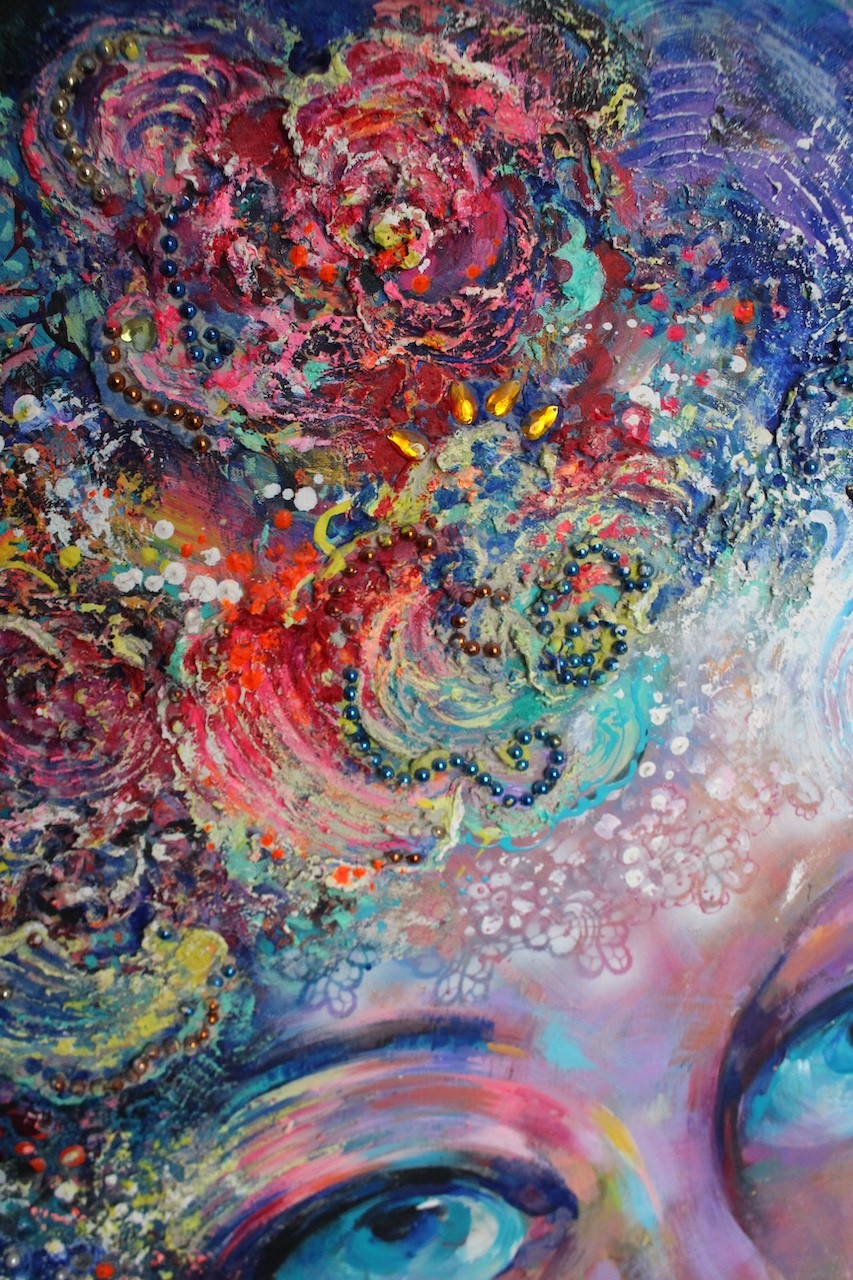A surreal portrait of a figure with flower-like hair against a dreamy, textured background.