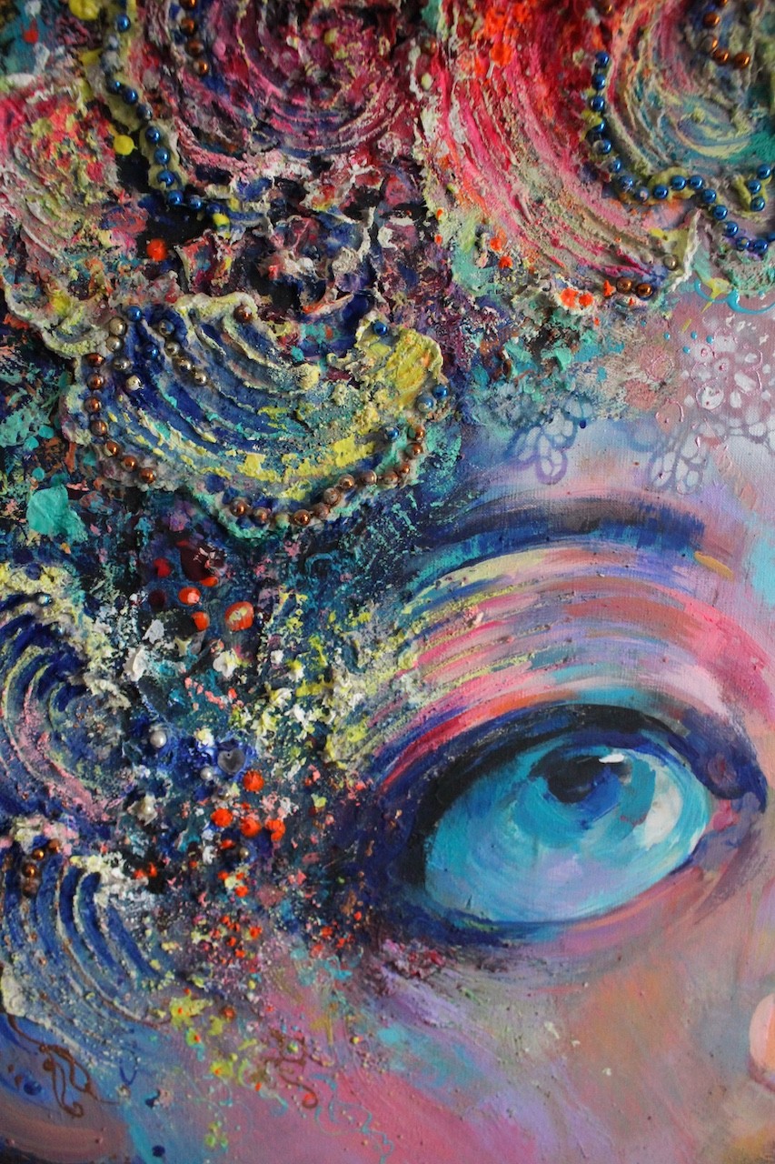 A surreal portrait of a figure with flower-like hair against a dreamy, textured background.